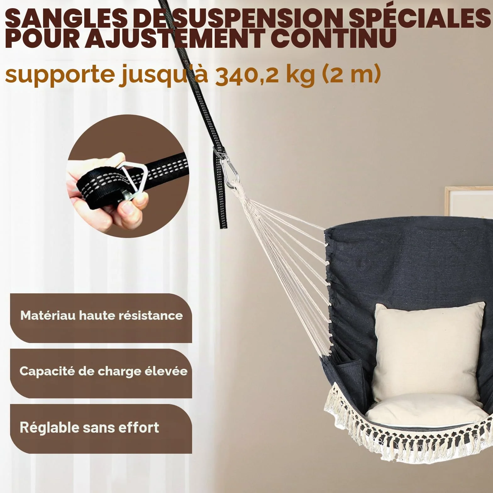 Chihee Sièges Suspendus Chaise suspendue Hamac 2 oreillers Inclus Sangles crochets solides coton doux