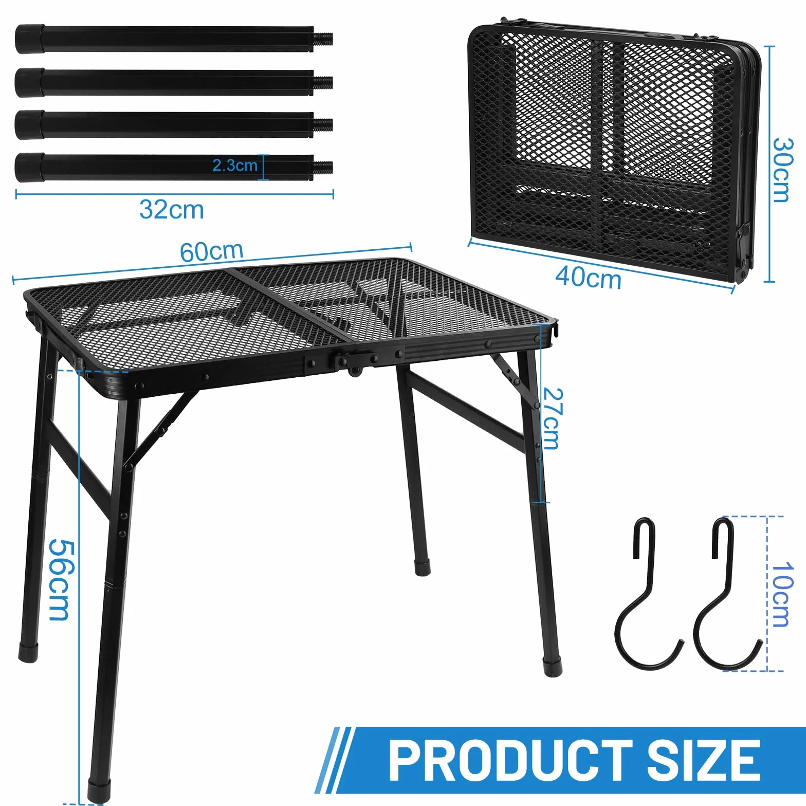 LALAGO Table de Camping Pliante 60x40cm Réglable en Hauteur 27/56cm Alu Noir