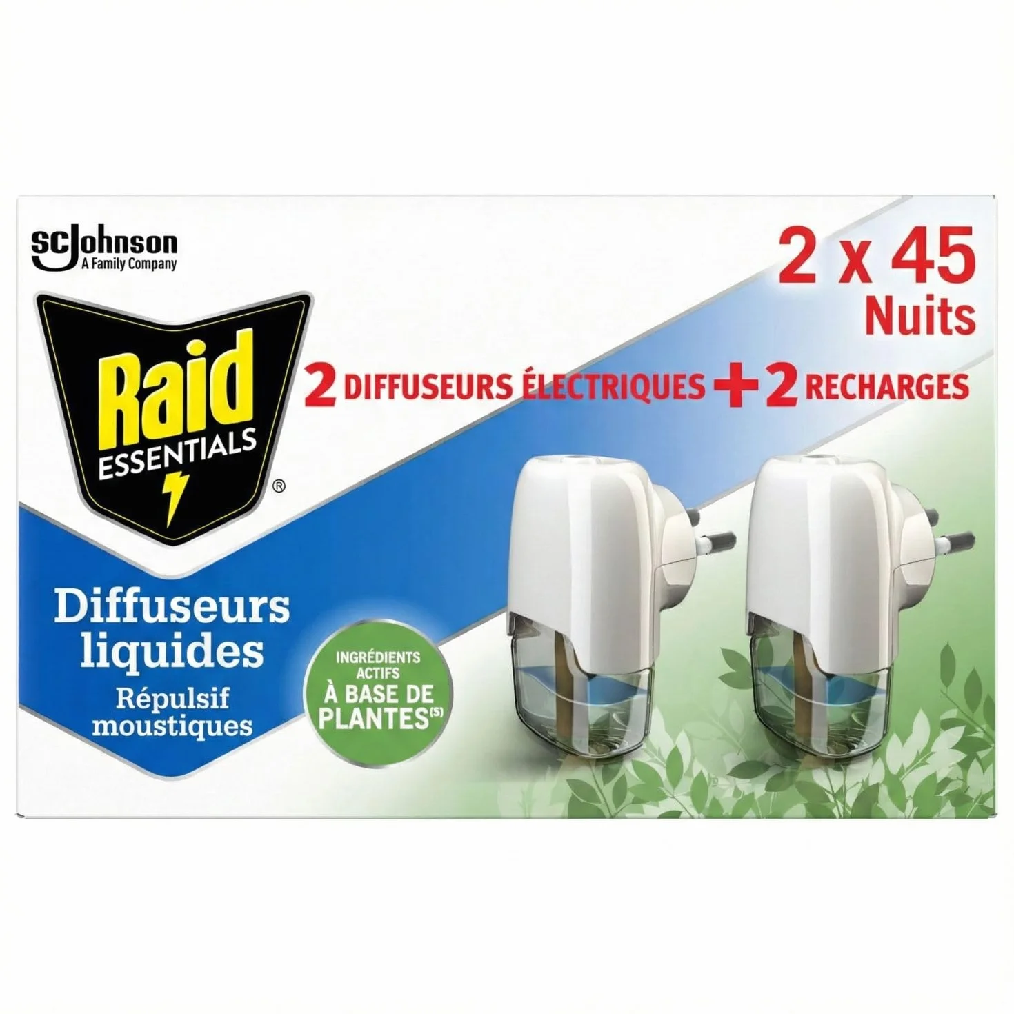 Raid Essentials Diffuseur Électrique Liquide 45 Nuits Répulsif Moustiques 2 Diffuseurs 2 Recharges 32 ml