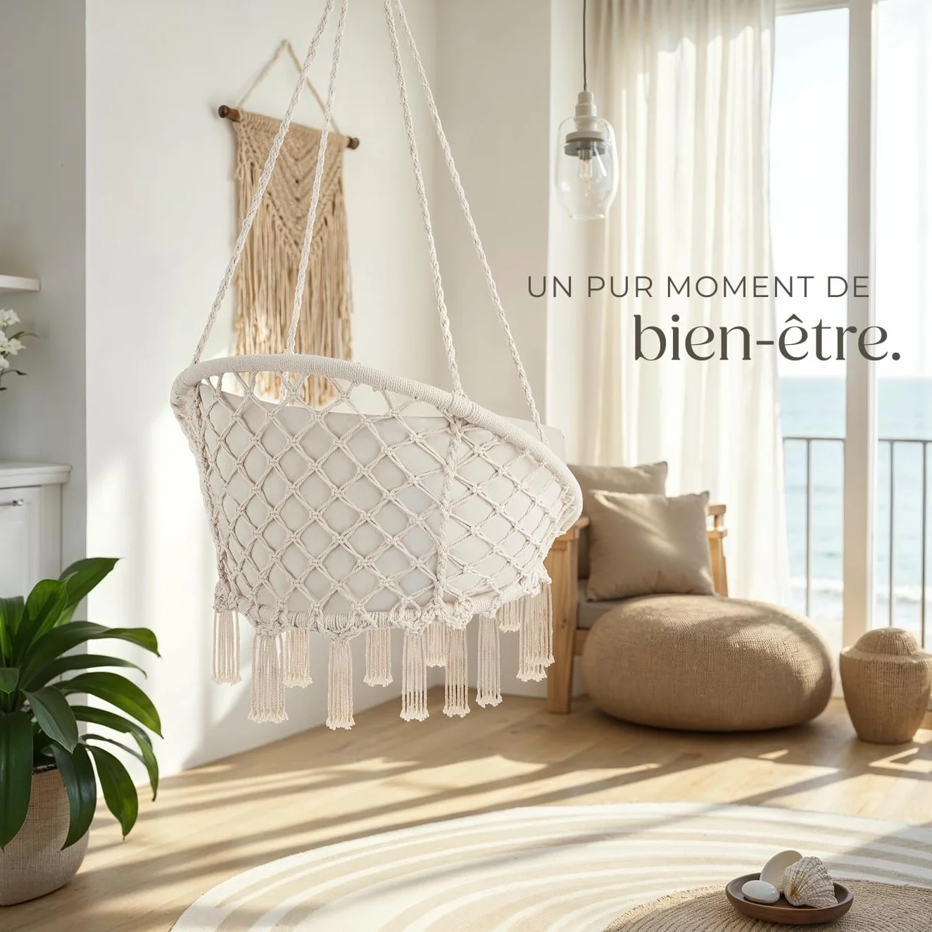 Tectake Fauteuil Suspendu Relax Design Intérieur Extérieur 1 Place Coussin XXL Moelleux Inclus Beige