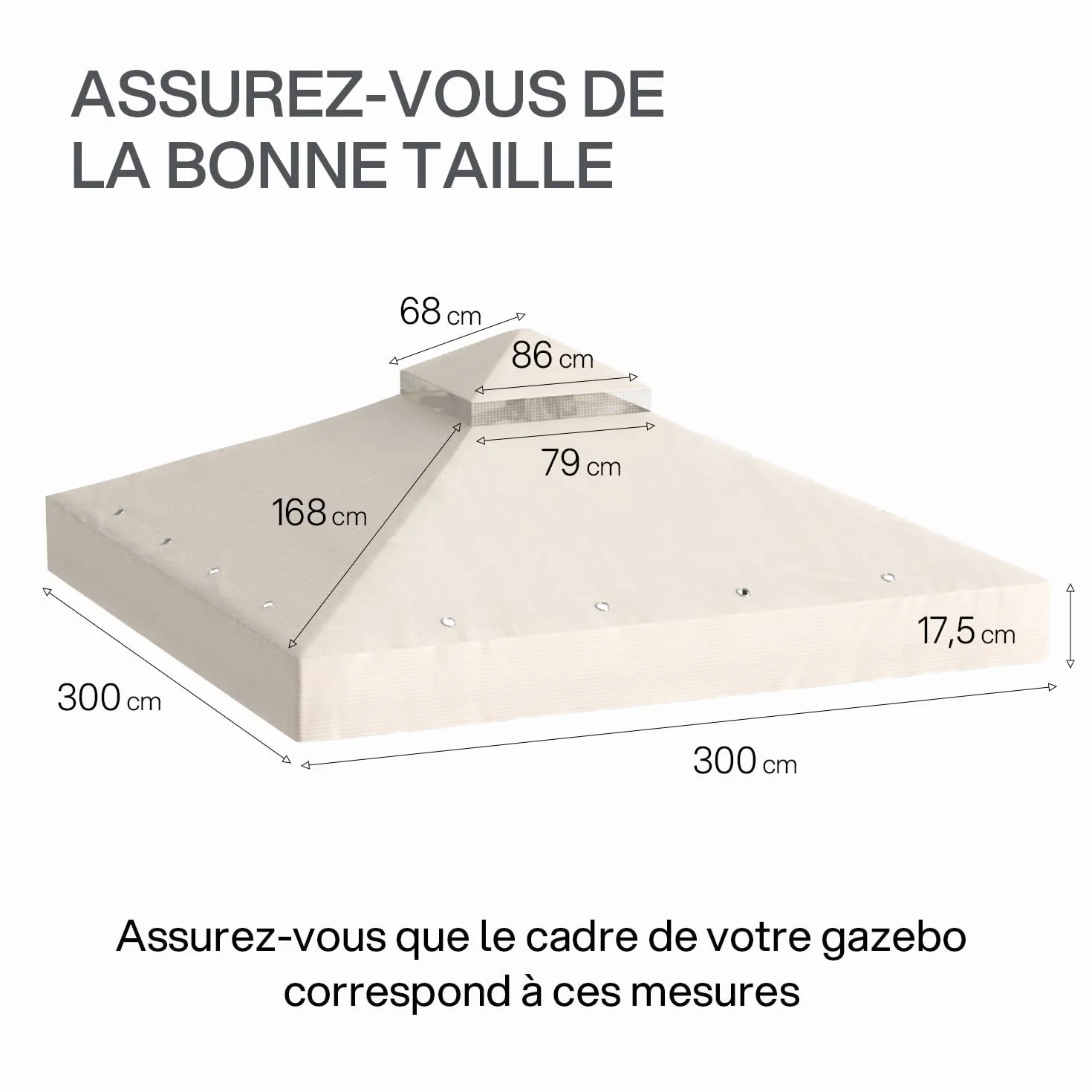 Toile de Toit de Rechange pour Pavillon Tonnelle Tente 3x3 m Double Étage Canvas 250g/m² Imperméable Beige