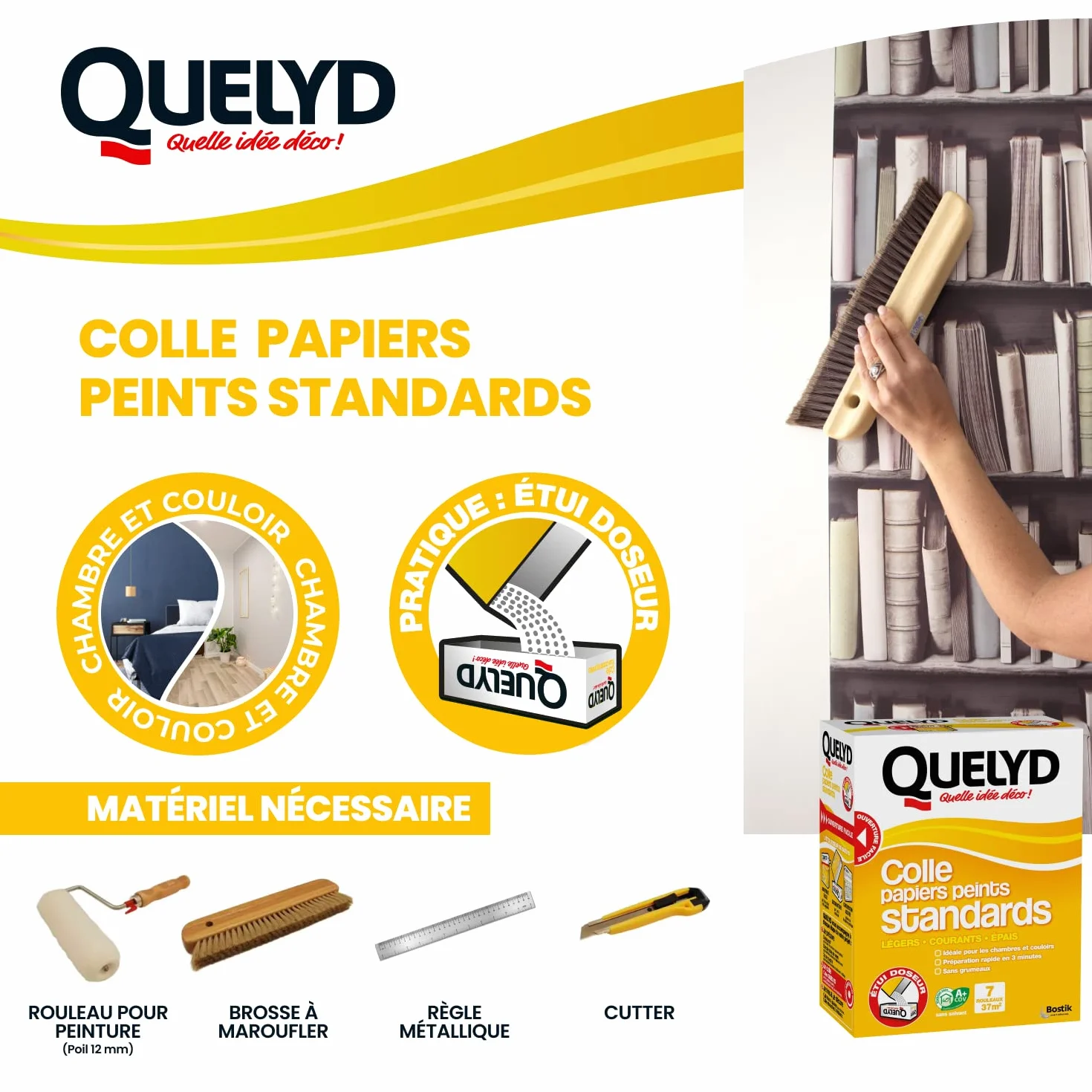 Quelyd Colle Papiers Peints Standards – Idéale pour Chambres et Couloirs – Prête en 3 Minutes – Dosage Ultra Facile – Sans Grumeaux – Sans Solvant – Poudre 250 g (7 rouleaux)