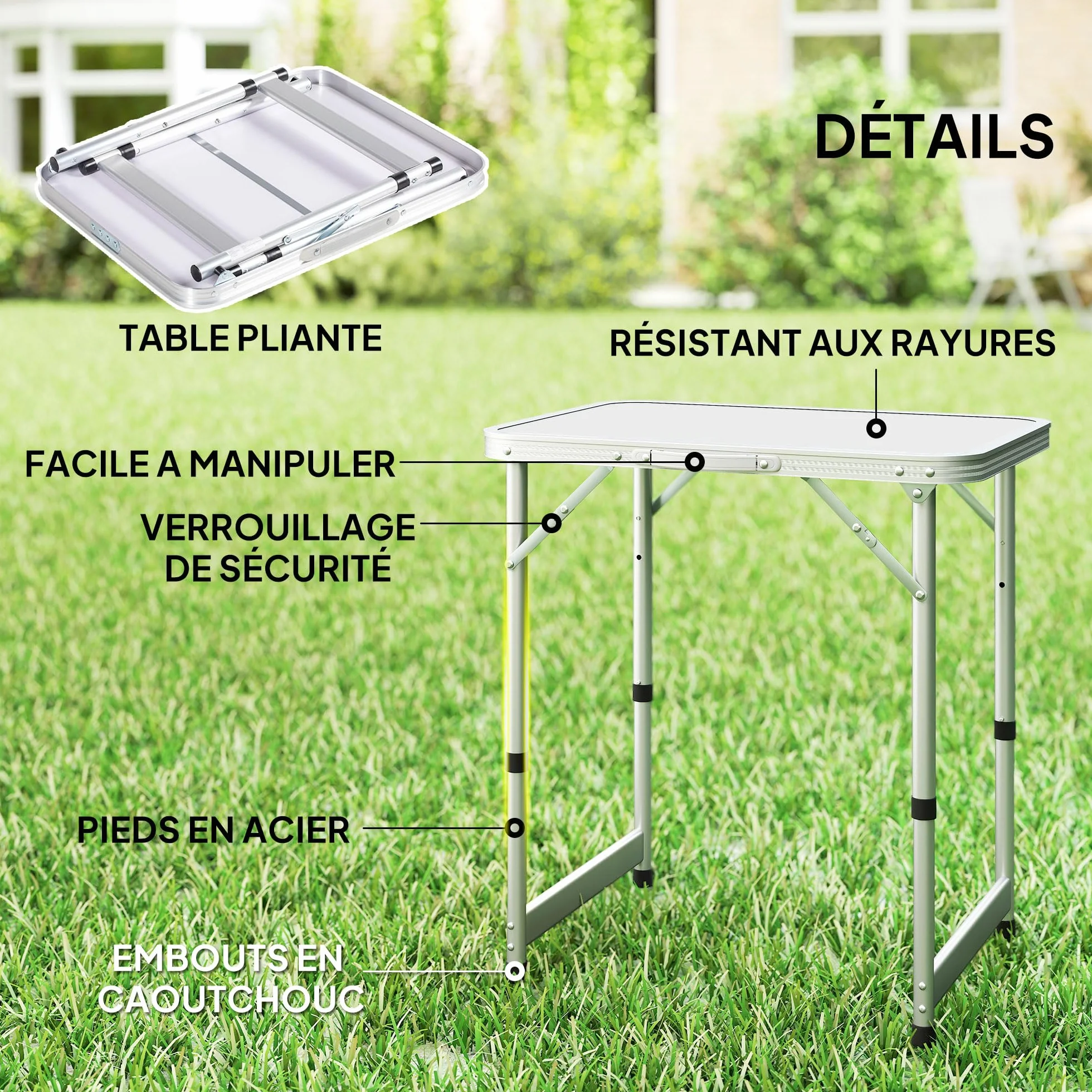 Outsunny Table Pliante de Camping Aluminium MDF Blanc Hauteur Réglable