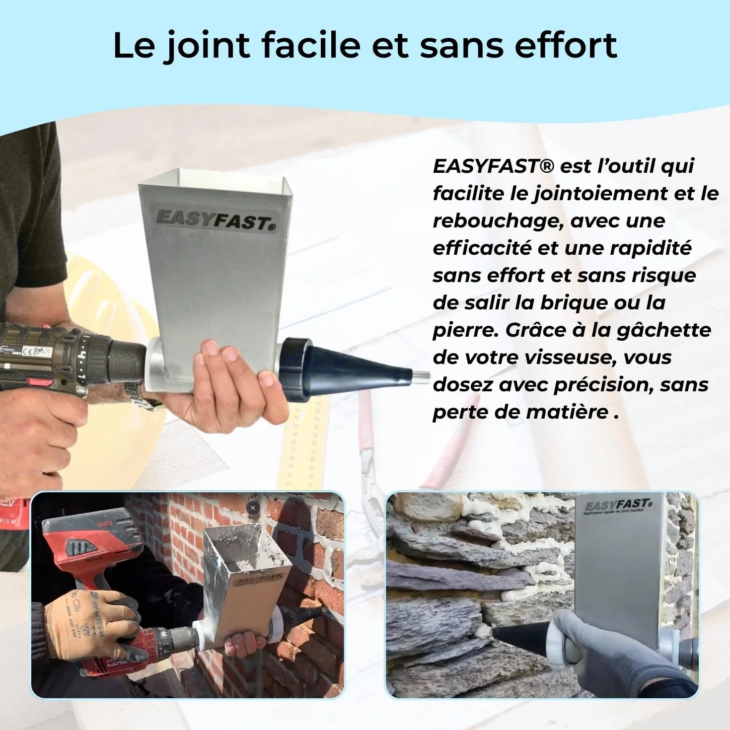 Jointoyeuse – Applicateur Rapide de Joint Mortier, Compatible avec tout type de Visseuse/Perceuse, Dosage Précis, Pour Murs en Pierres ou en Briques, Accepte Tous Types de Joints Fins