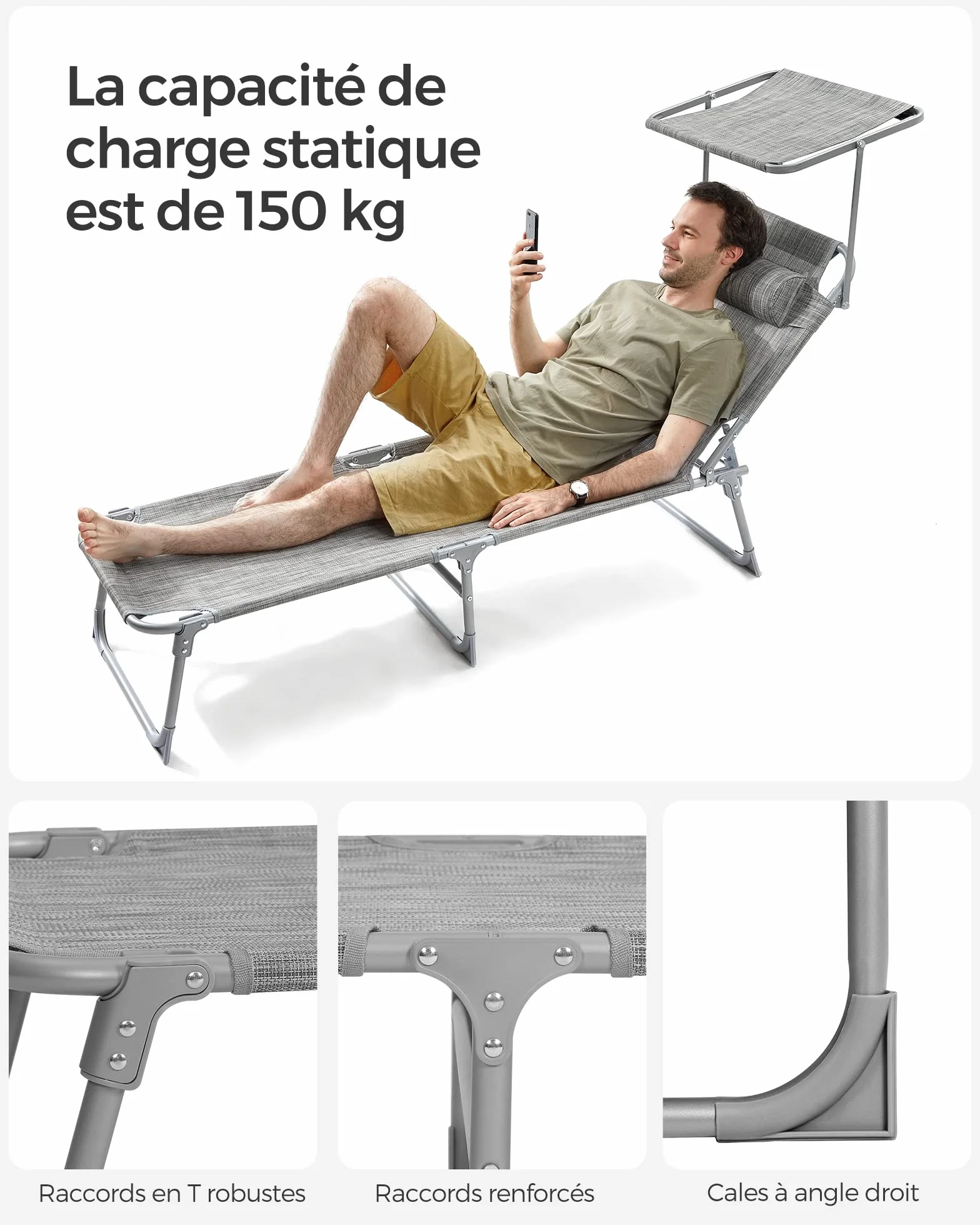 SONGMICS Chaise Longue Pliable 193x53x29 cm 150 kg avec Pare-soleil Appuie-Tête Dossier Réglable GCB19T