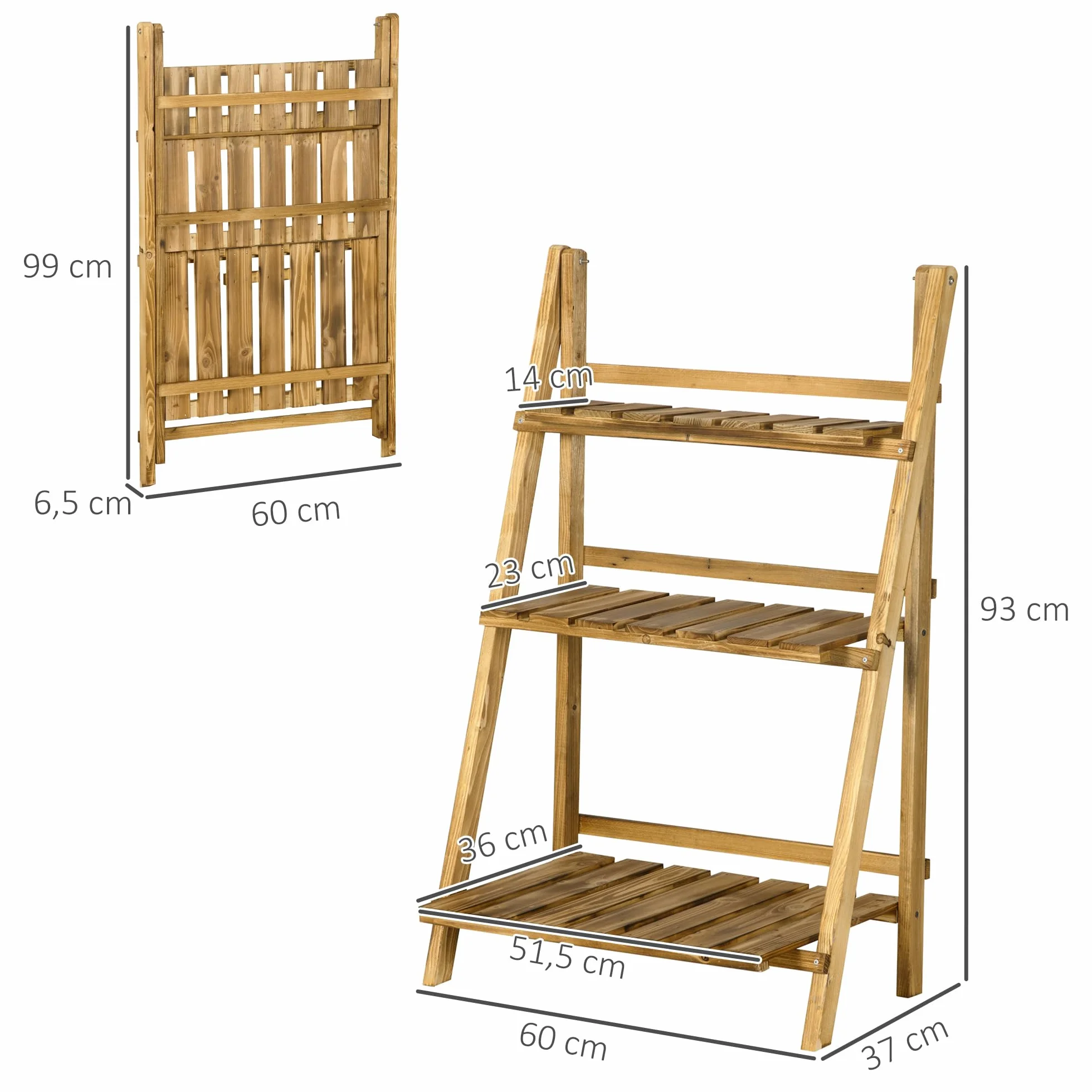 Outsunny Étagère à Fleurs 3 Niveaux Pliable Bois de Sapin 60 x 37 x 93 Cm Charge 50 Kg