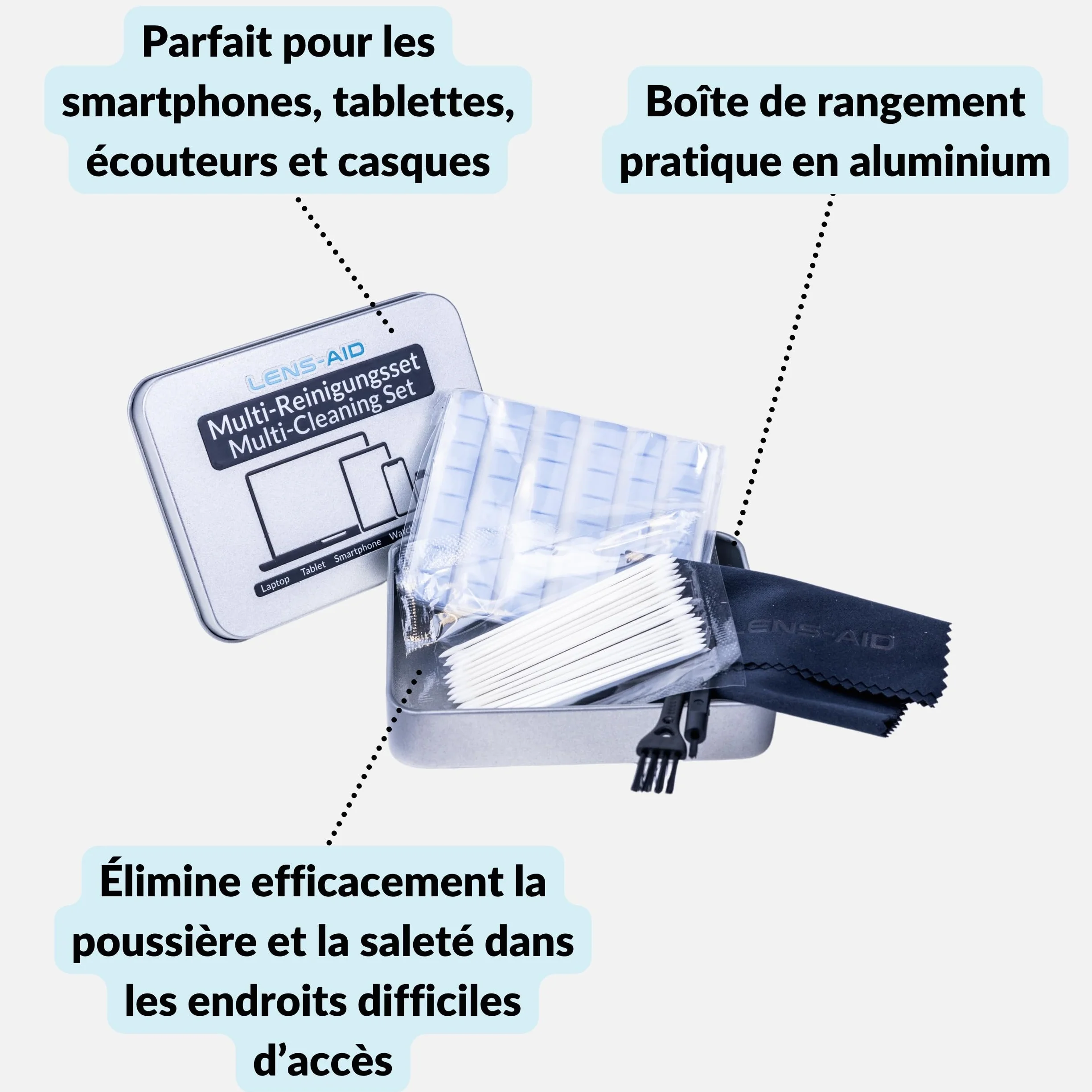 LENS-AID Kit de nettoyage 5 en 1 pour smartphone avec modelage USB-C et Lightning, pinceau, bâtonnets, chiffons en microfibre pour connecteurs, écouteurs, écrans et emplacements pour téléphones