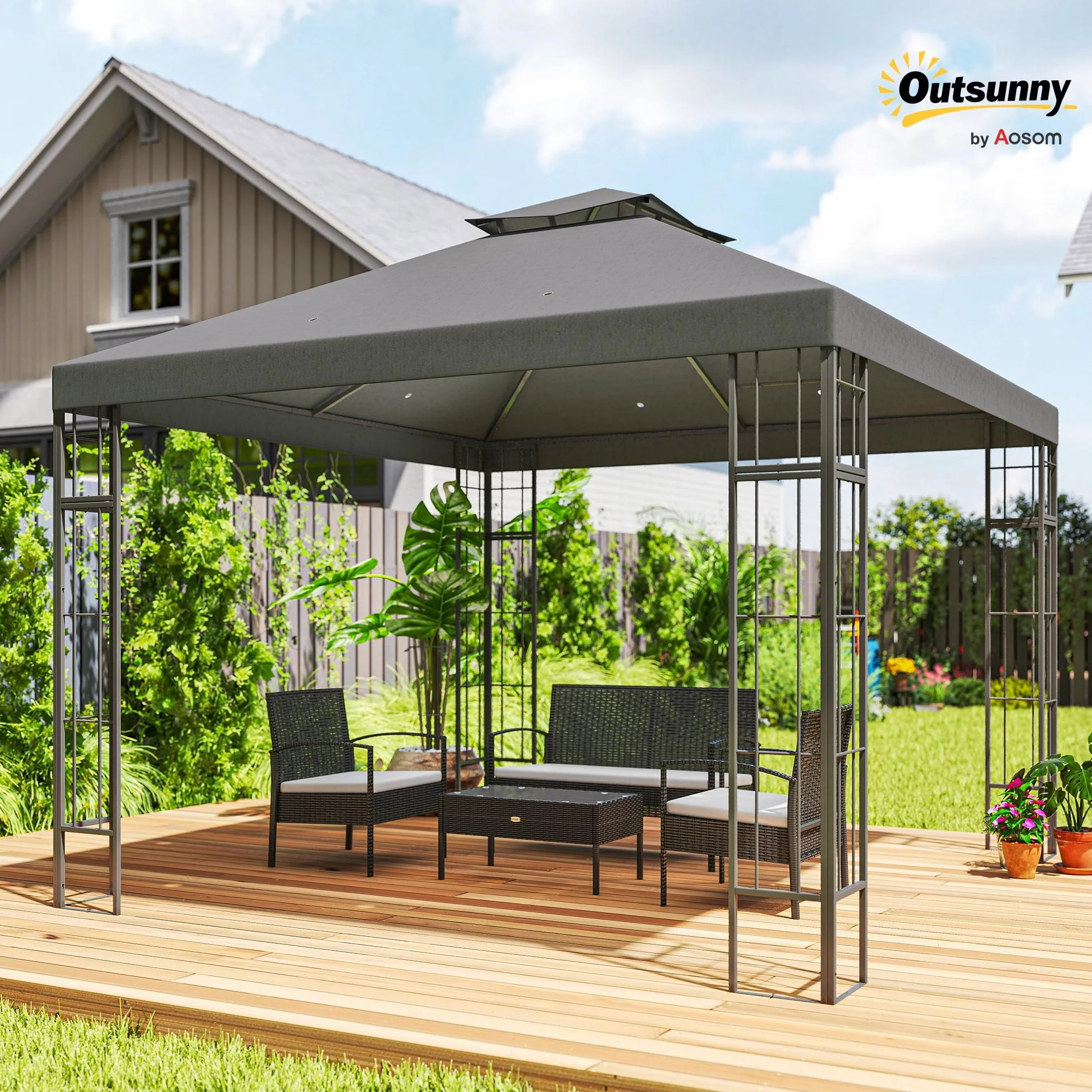 Outsunny Pavillon de jardin double toit 3x3 m Hydrofuge stable résistant hiver protection UV Tente métal gris foncé