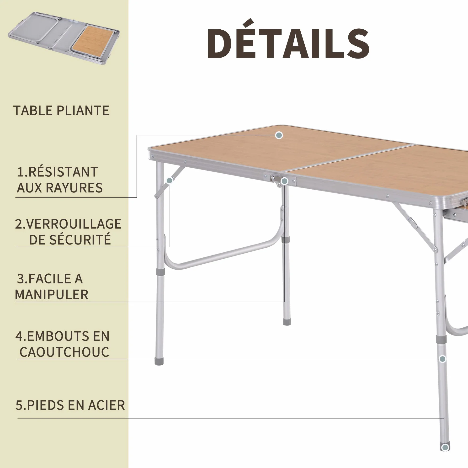 Outsunny Table Pliante Camping Jardin avec Rallonge Hauteur Réglable Aluminium MDF Imitation Bambou
