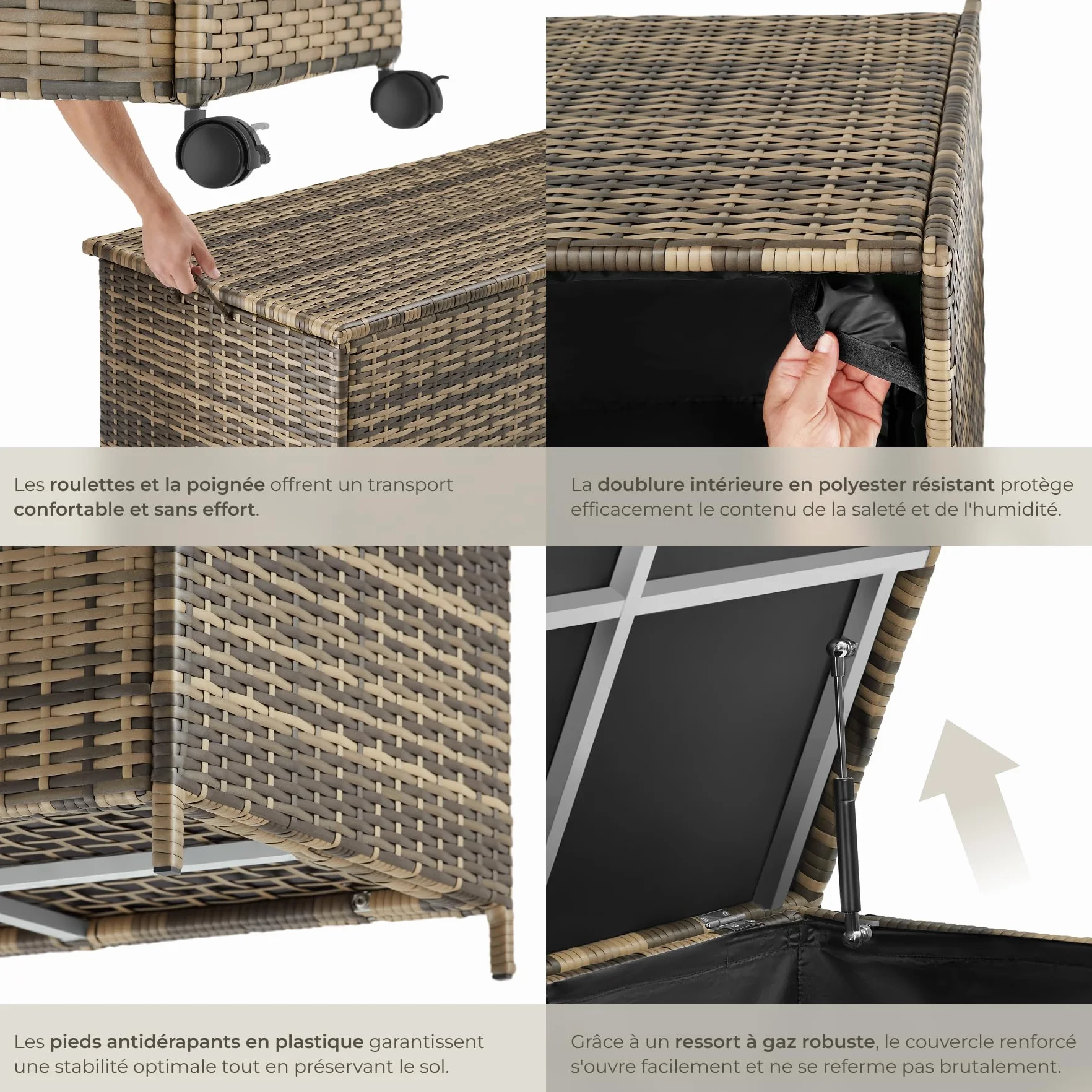 tectake Coffre de rangement exterieur en rotin 116 x 54 x 64 cm 253L Aluminium 2 Roulettes pivotantes Frein de blocage