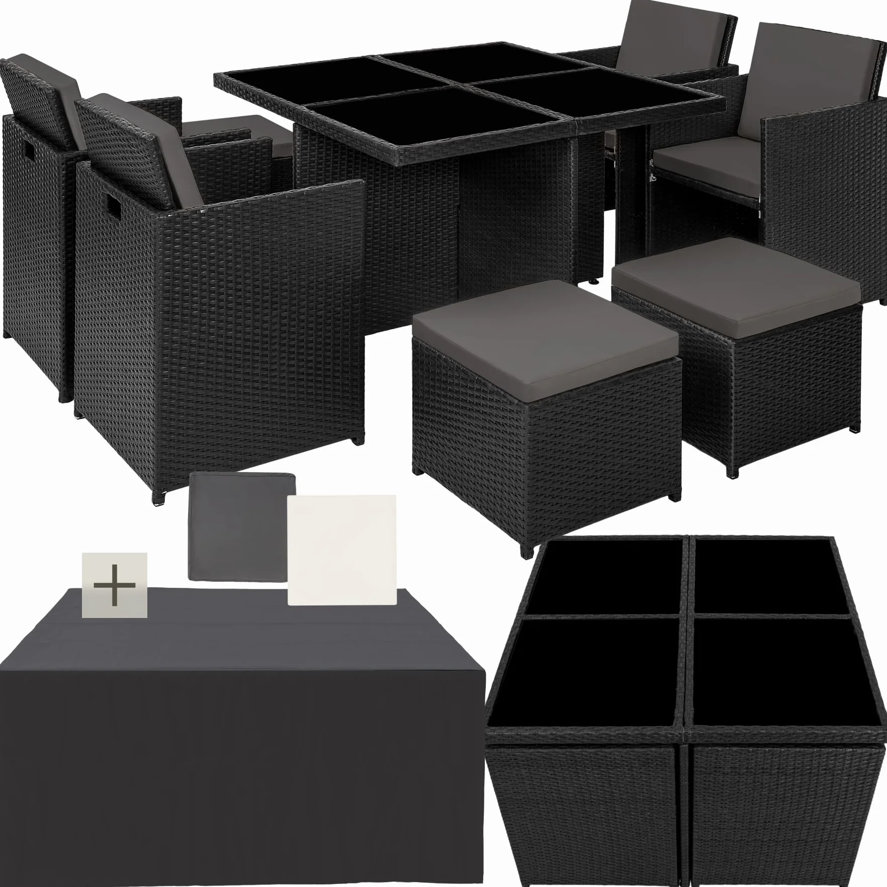 tectake Salon de Jardin Extérieur 8 Places Table en Poly Rotin Structure Aluminium Noir