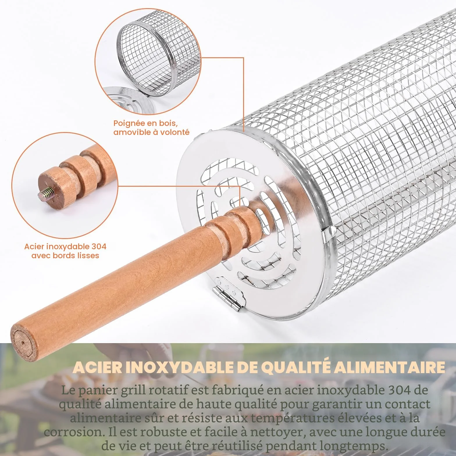 Paquet de 2 Paniers de Gril Cylindriques en Acier Inoxydable avec Poignée en Bois pour Camping