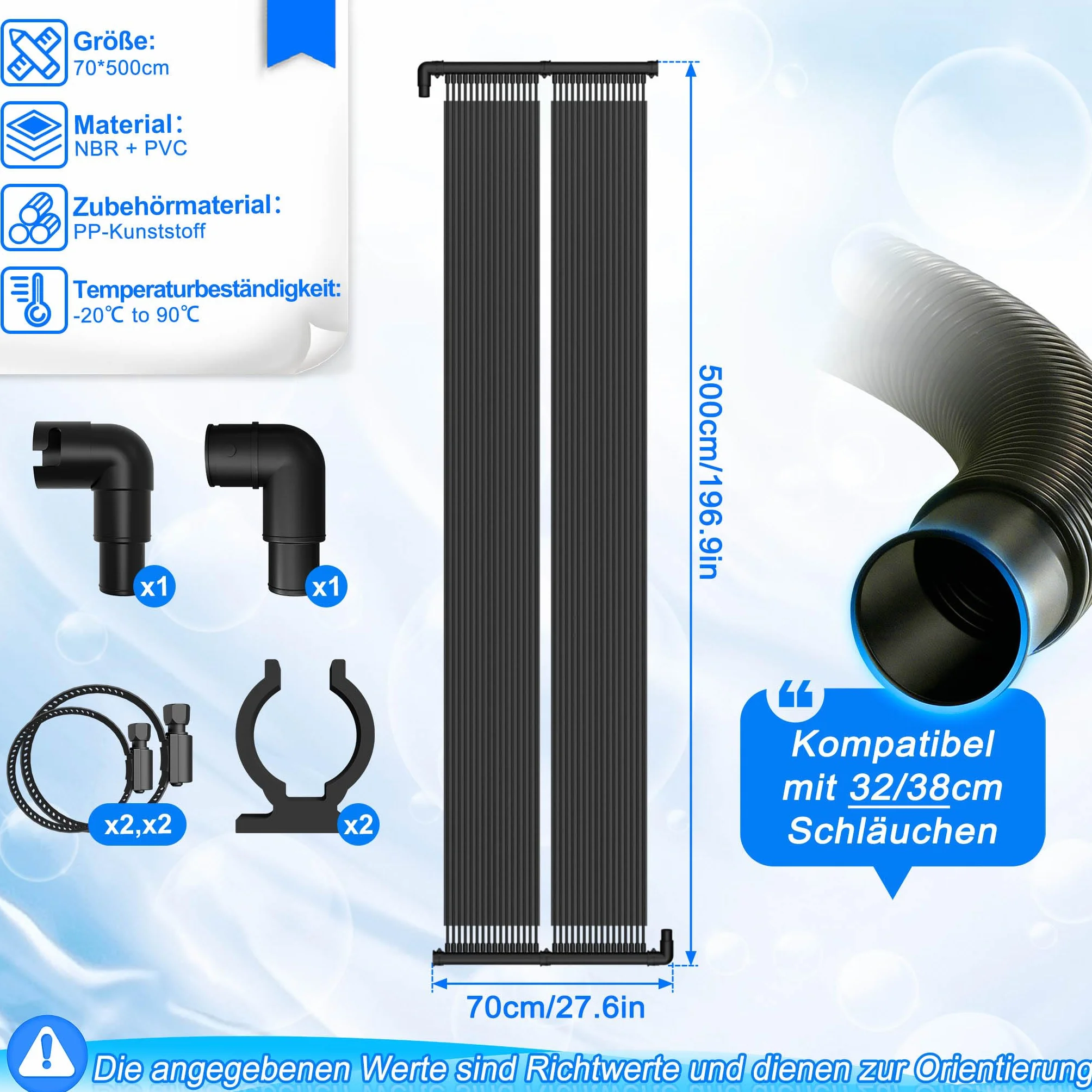 Ensemble de chauffage solaire pour piscine 500x140 cm, absorbeur solaire modulaire avec colliers et raccords