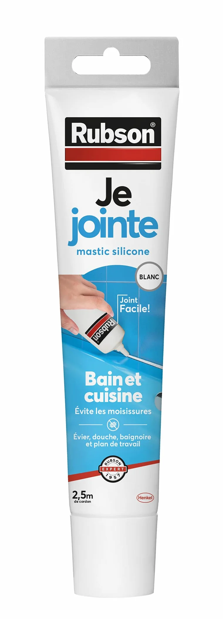 Rubson – Je Jointe Mastic Blanc (tube de 50 ml) – Mastic étanche anti-moisissure en tube prêt à l'emploi – Silicone durable pour joints sanitaires spécial Bain & Cuisine