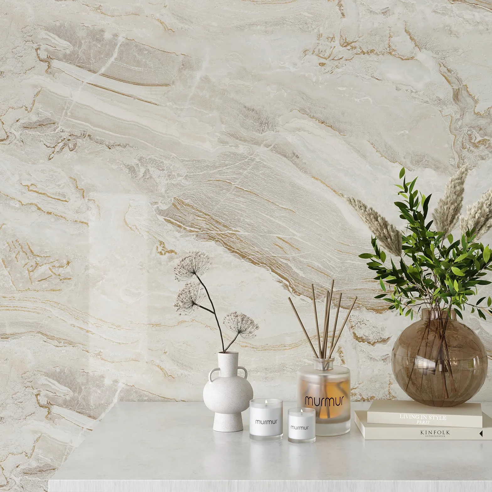 VEELIKE Papier Peint Marbre Beige Epais Papier Adhesif Marbre Vinyle Adhesif Cuisine Lavable Papiers Peints Adhesif Mural Salon Stickers Muraux Salle de Bain Autocollant Meuble 40cm × 300cm
