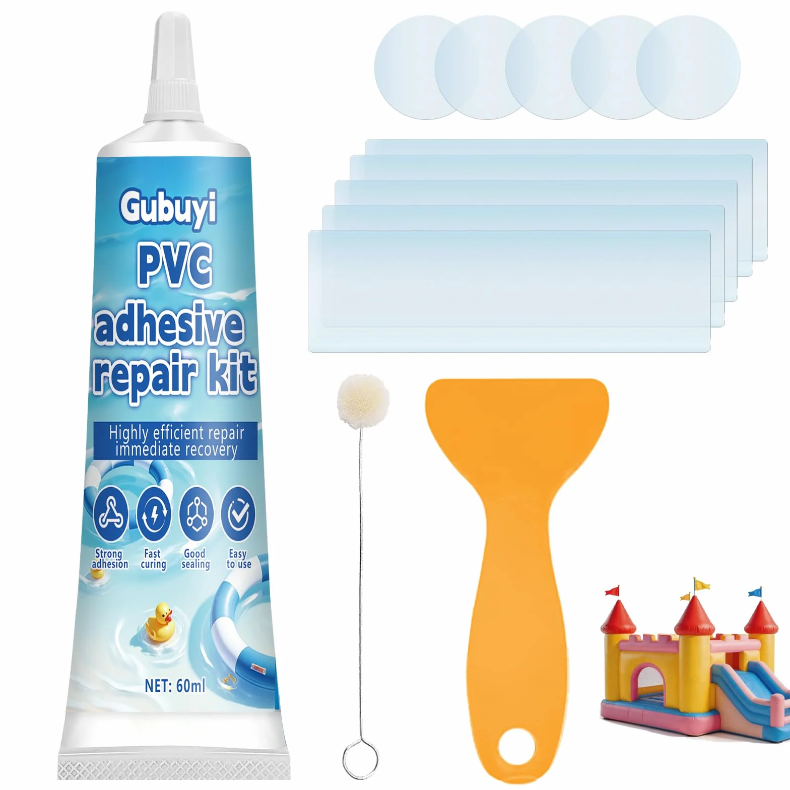 Kit Réparation Piscine 60ml, Rustine Transparente Imperméable, Colle PVC pour Matelas Gonflable et Liner