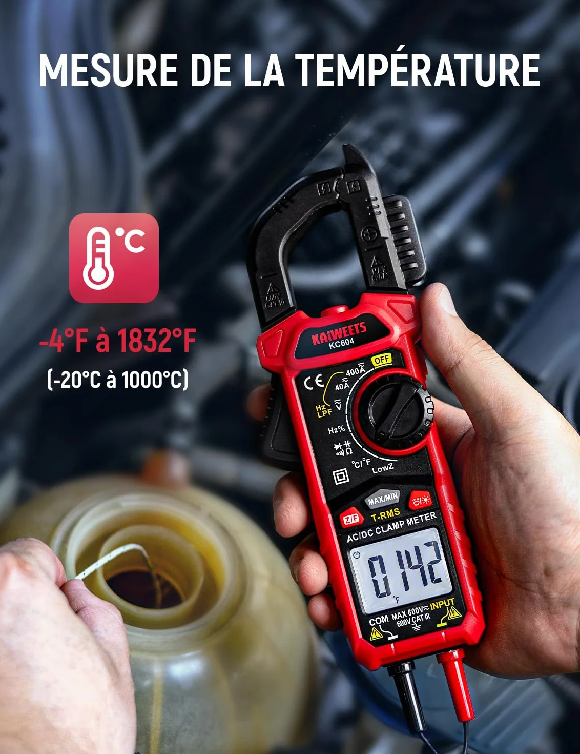 KAIWEETS Pince Ampèremètre AC/DC, Pince Multimètre Mesurer la Tension AC/DC/Courant/Température/Continuité/Diode/NCV, Pince Ampèremétrique avec Lampe de Poche, Rétro-éclairage, Mâchoire-D, KC604