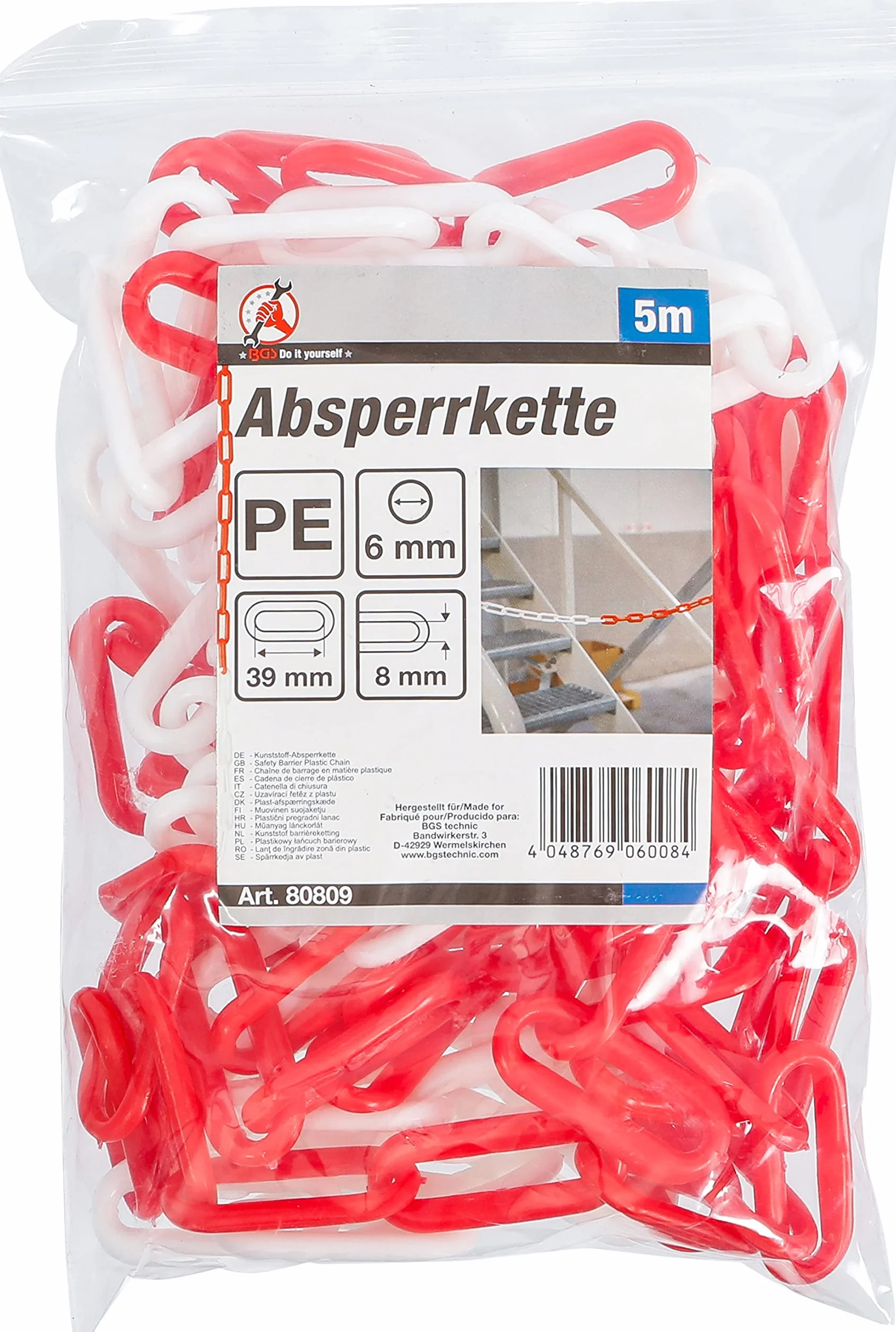 BGS Diy 80809 | Chaîne de barrage | Rouge - blanc | Matière plastique | 5 m