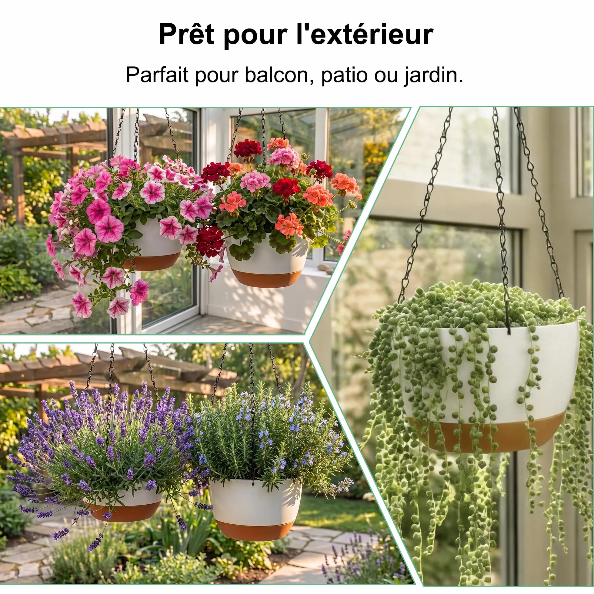 FUSHITON Lot de 3 Suspensions pour Plantes Intérieur & Extérieur, Pots Auto-arrosants 24+24+20,5 cm Blanc