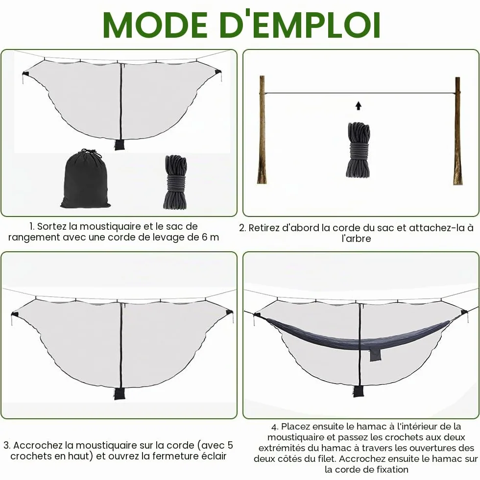 Hamac de Camping avec Moustiquaire Anti-Insecte 360° Double Face Fermeture éclair Noir
