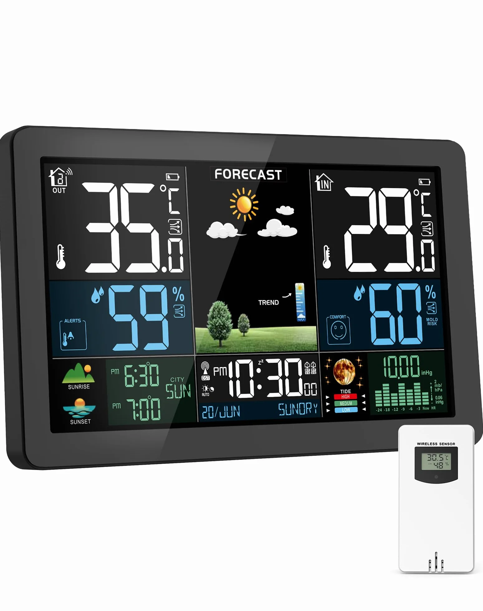 Station Météo Intérieur Extérieur Sans Fil Écran Couleur Prévisions Météorologiques Thermomètre Hygromètre Baromètre Radio-Réveil DCF Noir