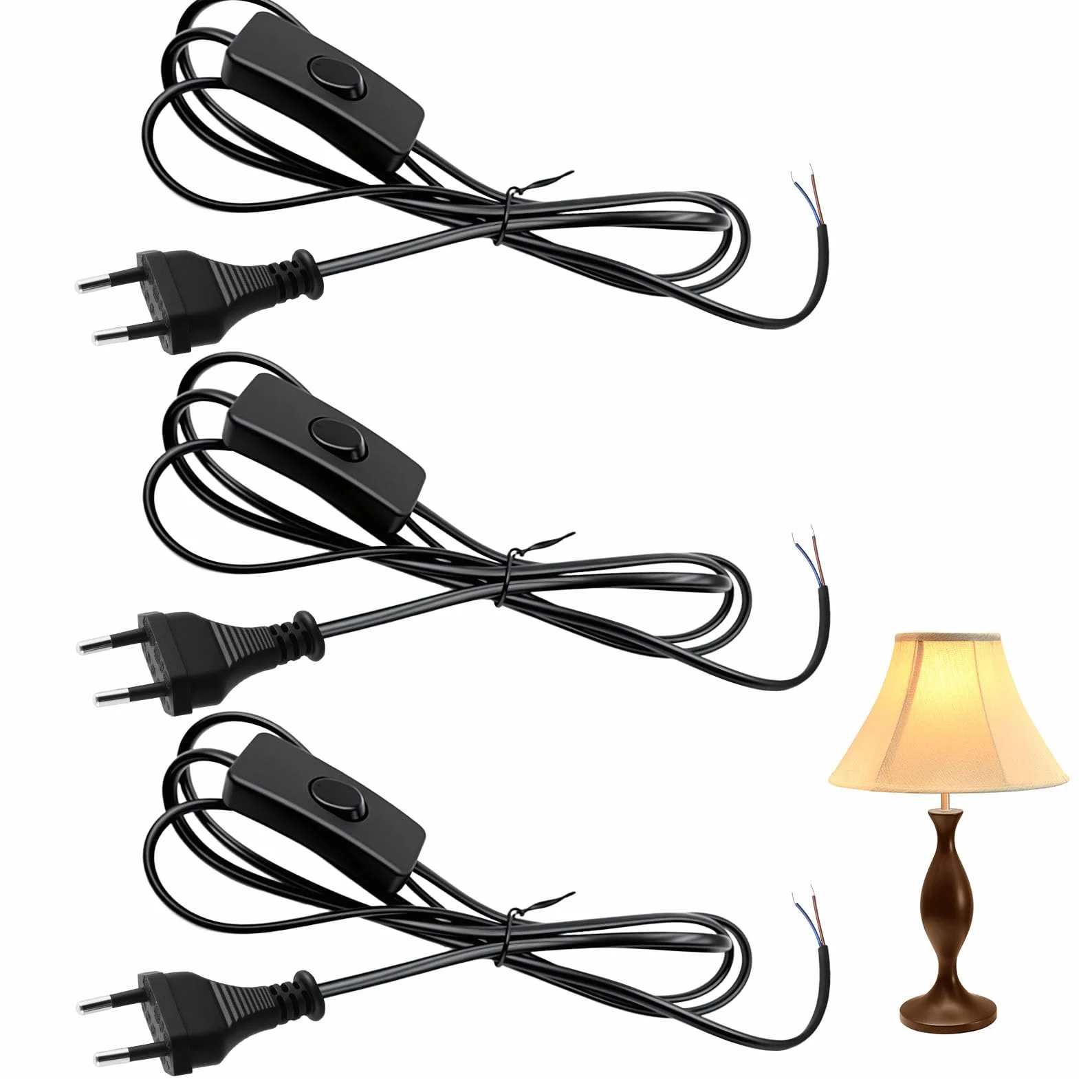 Lot de 3 Cordon Avec Interrupteur et fiche, Câble de raccordement avec prise 1,8 m, Câble avec interrupteur pour lampes, Lampes de table et applications domestiques, Prise avec interrupteur pour lampe