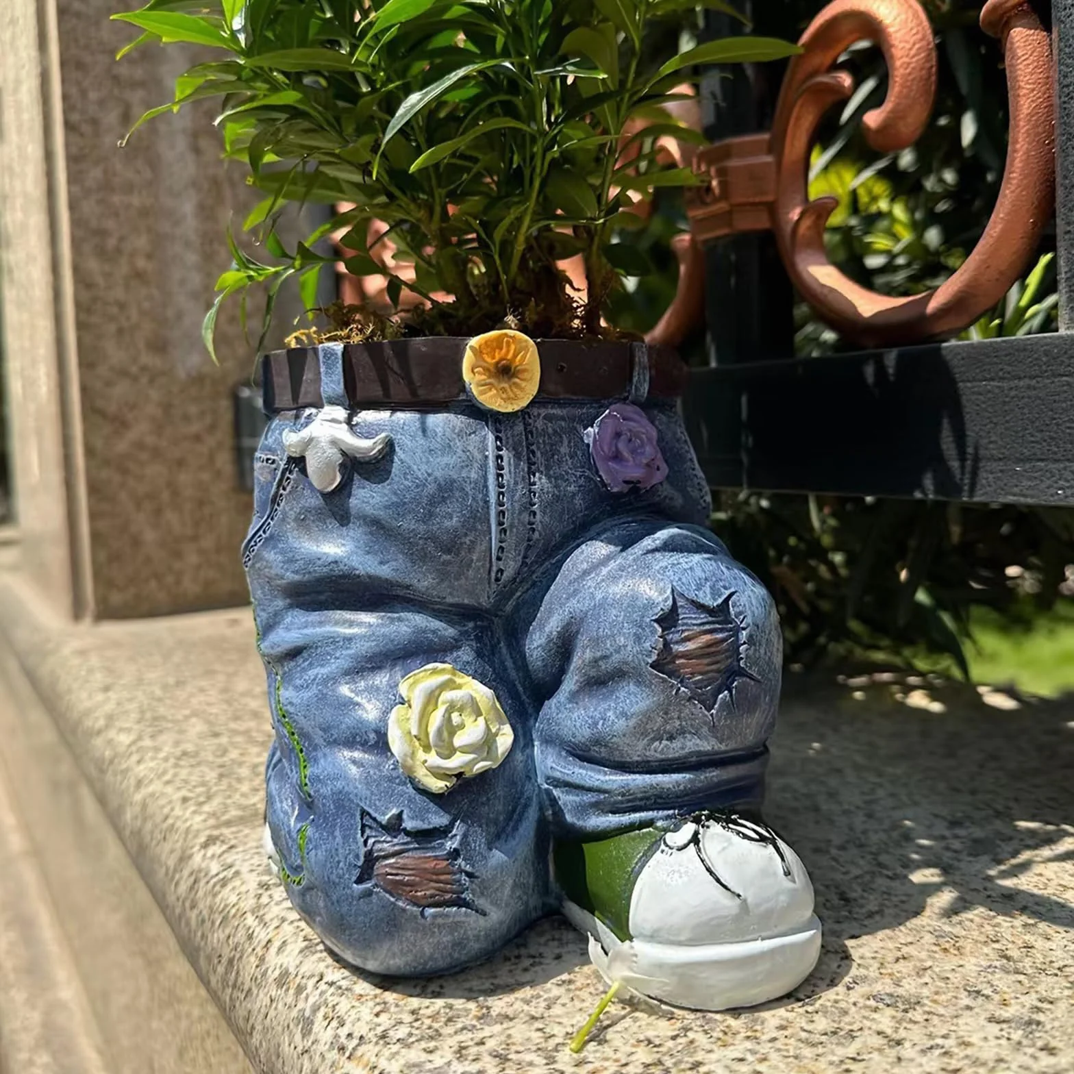 Rétro Denim Jeans Pot de Fleurs en Résine pour Jardin Intérieur Extérieur