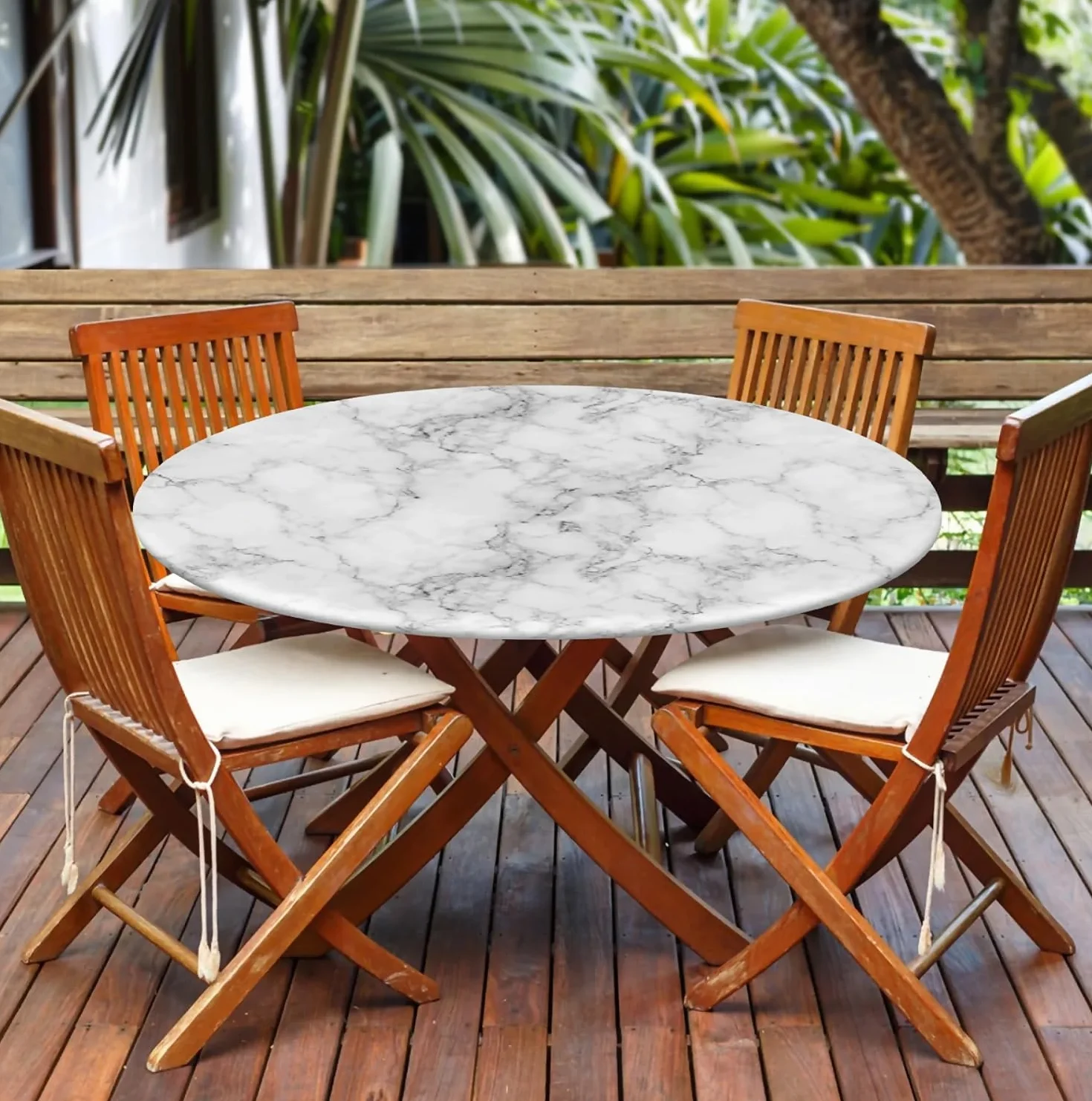Nappe Ronde d'extérieur 90 cm (36 Pouces) imperméable extensible avec Bande élastique - Marbre Blanc
