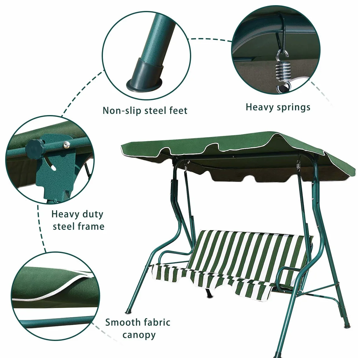 Costway Balancelle de Jardin 3 Places Toit Imperméable 240 KG 170 x 110 x 153 CM Vert