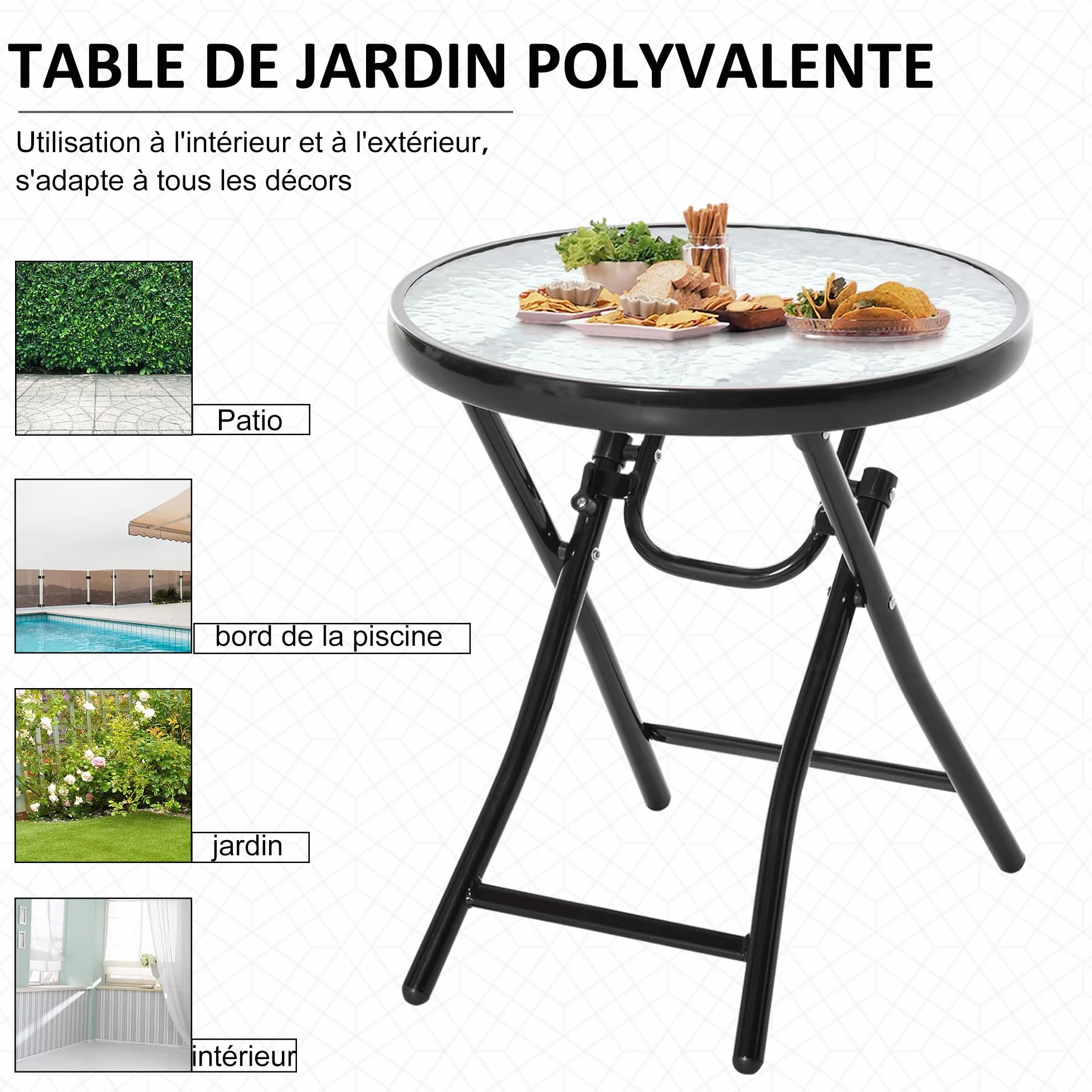 Outsunny Bistro de Jardin Table Basse Ronde Pliable 45 x 50 cm Métal Noir Verre Trempé