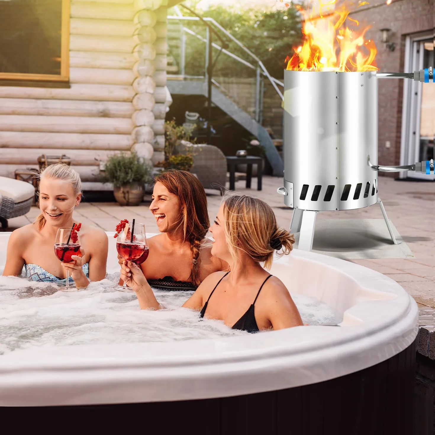 Chauffage de piscine à bois en acier inoxydable avec tonneau de feu 32-38 mm