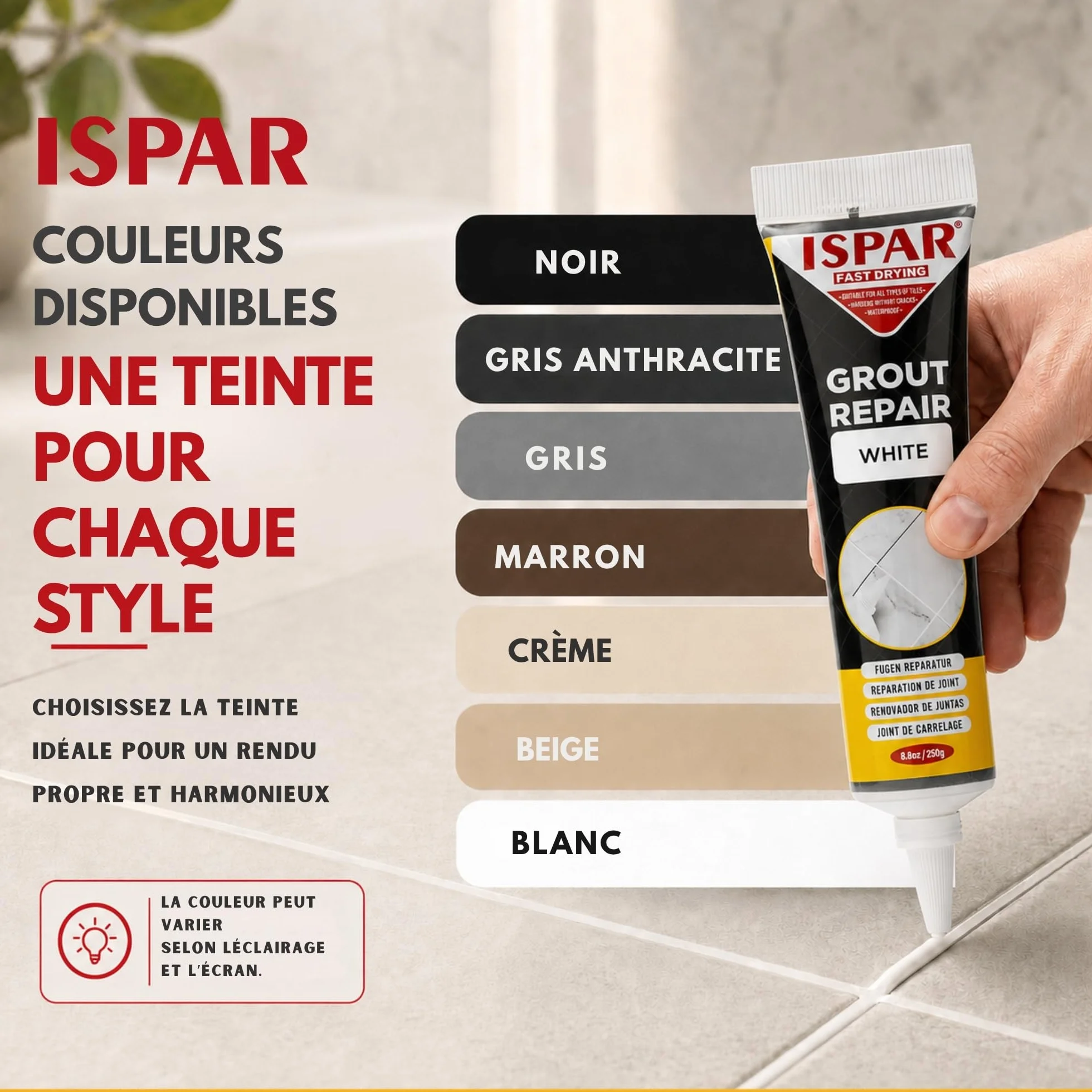 ISPAR Kit de Réparation de Joint de Carrelage Crème (400g) - Mortier Coulis Couleur Crème, Joint Salle de Bain et Cuisine - Avec Spatule et Éponge