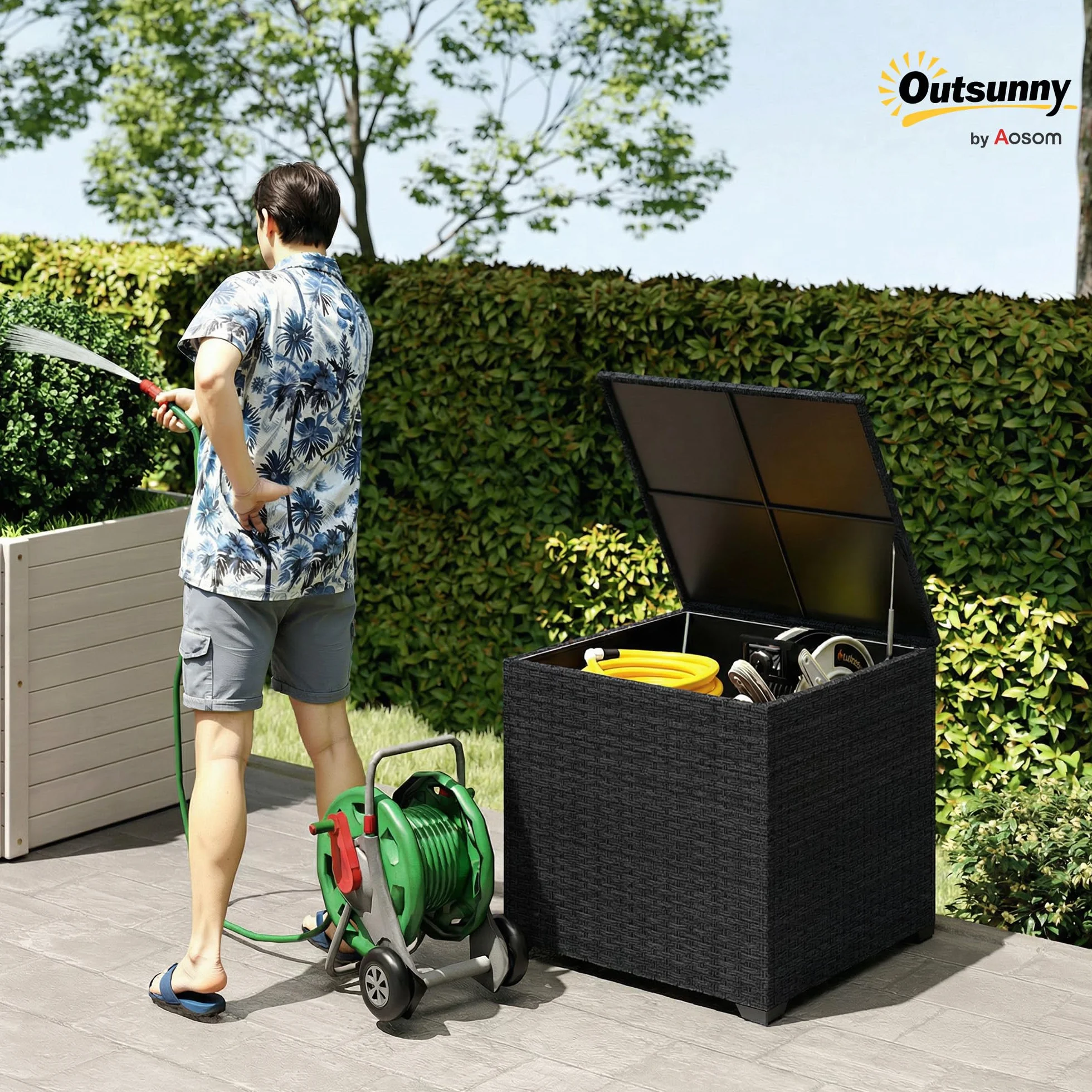 Outsunny Coffre de Jardin en Résine Tressée 253 L Imperméable, Rangement Extérieur 72 x 72 x 70 cm Noir