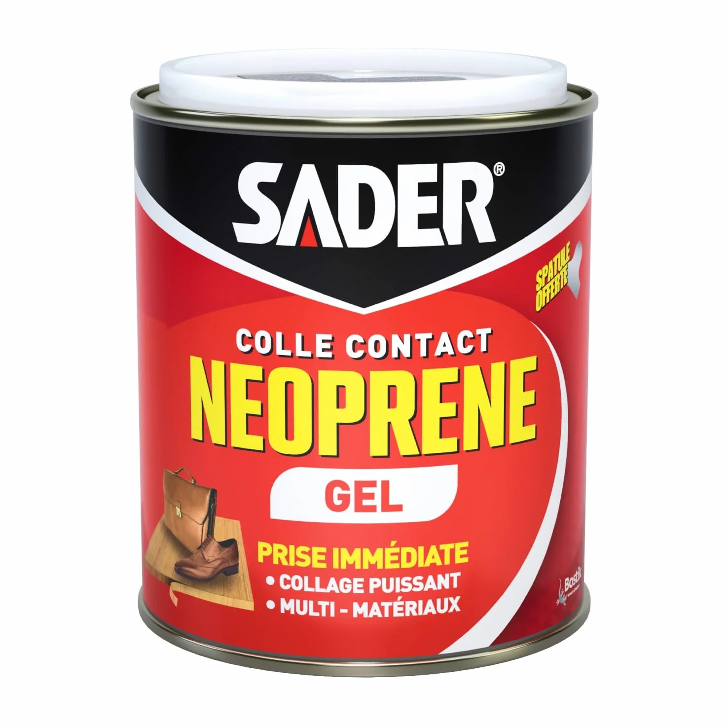 Sader Colle Contact Néoprène Gel – Colle Extra Forte Tous Matériaux – Prise Immédiate – Idéale pour Supports Poreux ou Verticaux – Spatule Incluse – Boîte de 750 ml