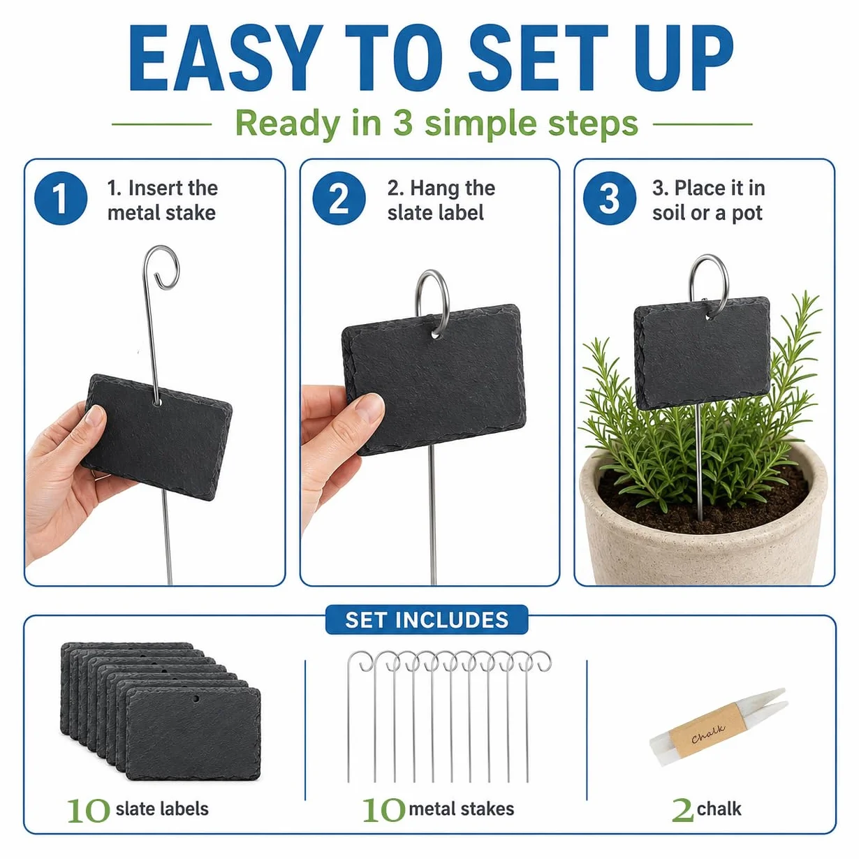 Étiquettes Plantes en Ardoise 10 Pcs avec Piquets Métal et Stylos Craie pour Jardin Extérieur Serre