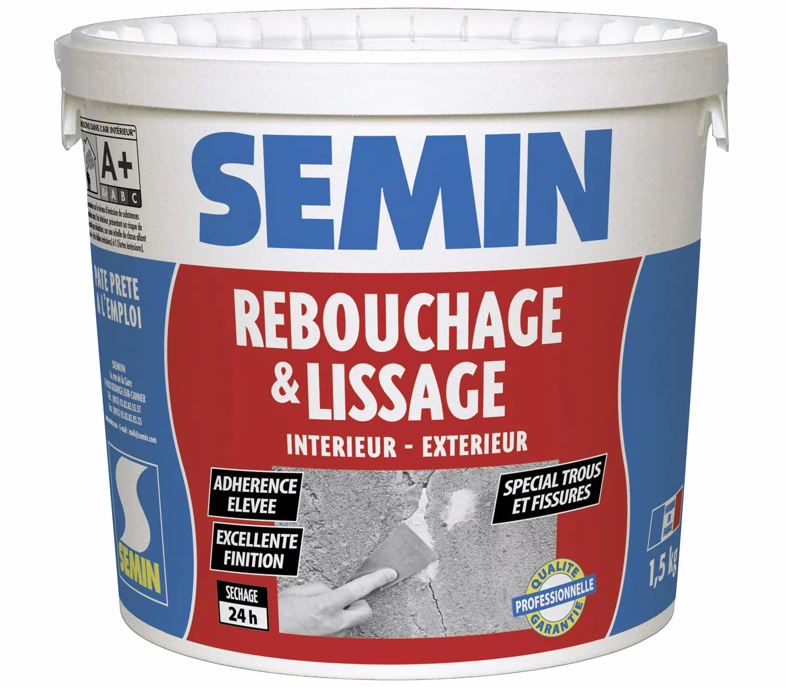 SEMIN Enduit de Rebouchage en Pâte 1.5 kg – Spécial Trous, Fissures & Trous de Vis – Intérieur/Extérieur – Prêt à l’Emploi – Excellente Finition – Haute Adhérence