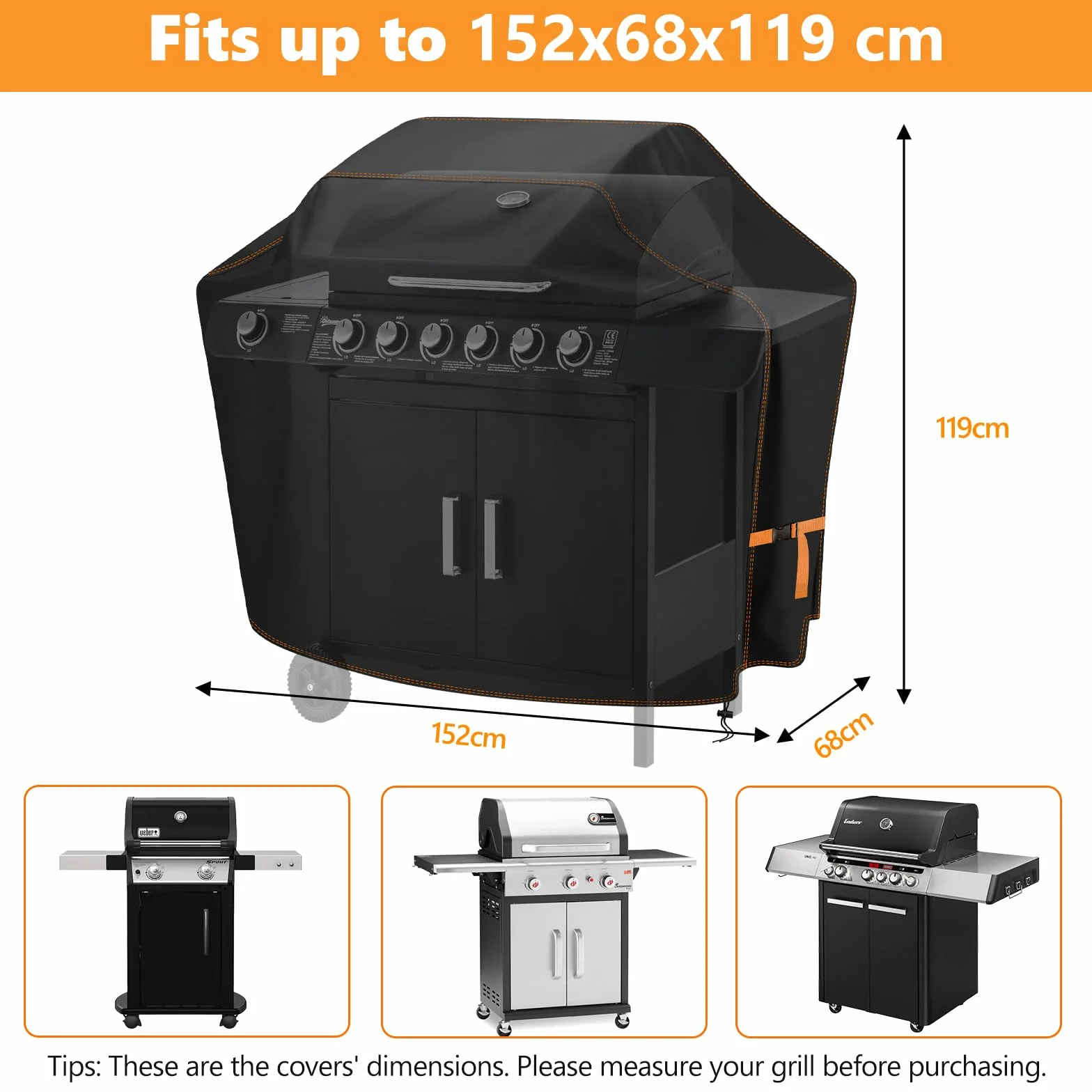 Housse Barbecue Exterieur 420D Oxford 152x68x119 CM Anti-eau Anti-Vent Anti-UV Noir
