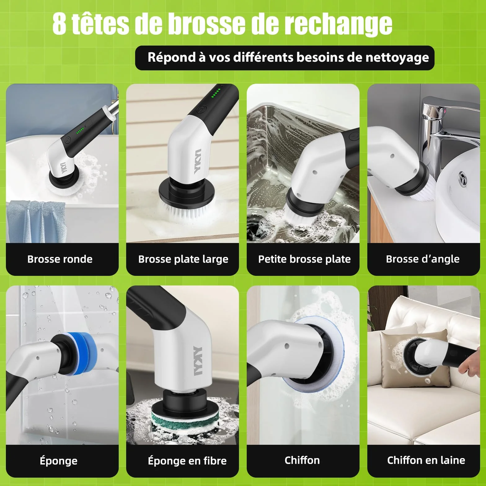 YKYI Brosse électrique Nettoyage rotative avec 8 têtes, Manche Extensible, 2 Vitesses, Batterie 2500mAh, étanche IPX7 – Brosse Nettoyage Salle de Bain et Cuisine