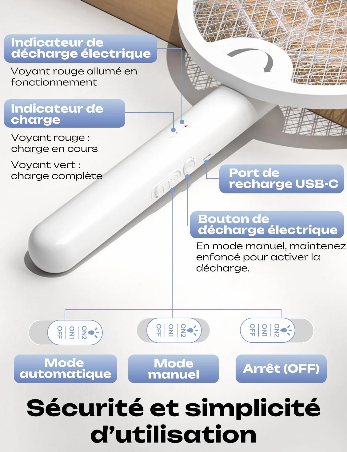 YISSVIC Raquette Electrique Anti Moustique 4000V 1800mAh Pliable Rechargeable USB-C