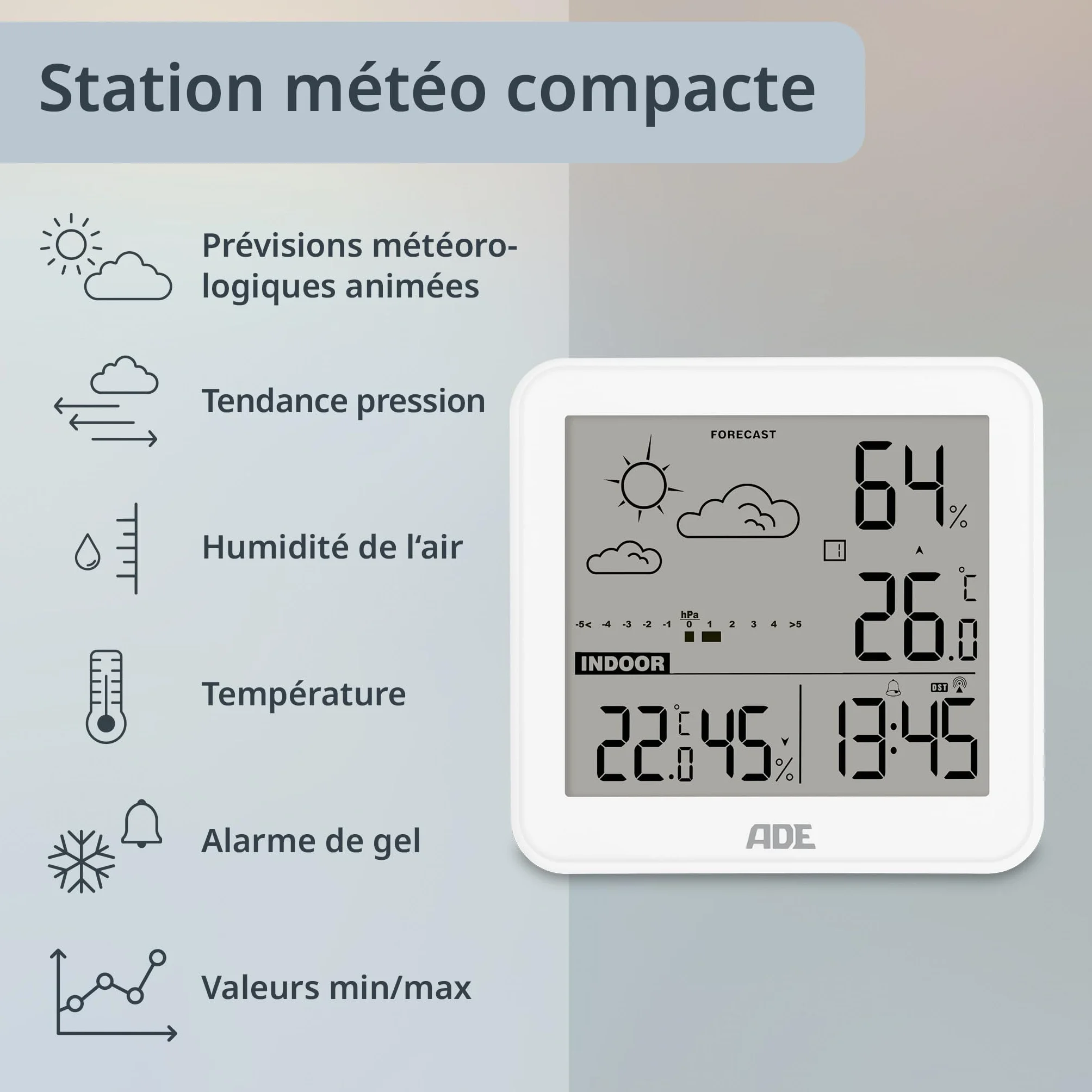 ADE Petite station météo numérique avec capteur extérieur, prévisions météo, température, humidité, horloge radiopilotée, réveil, blanc