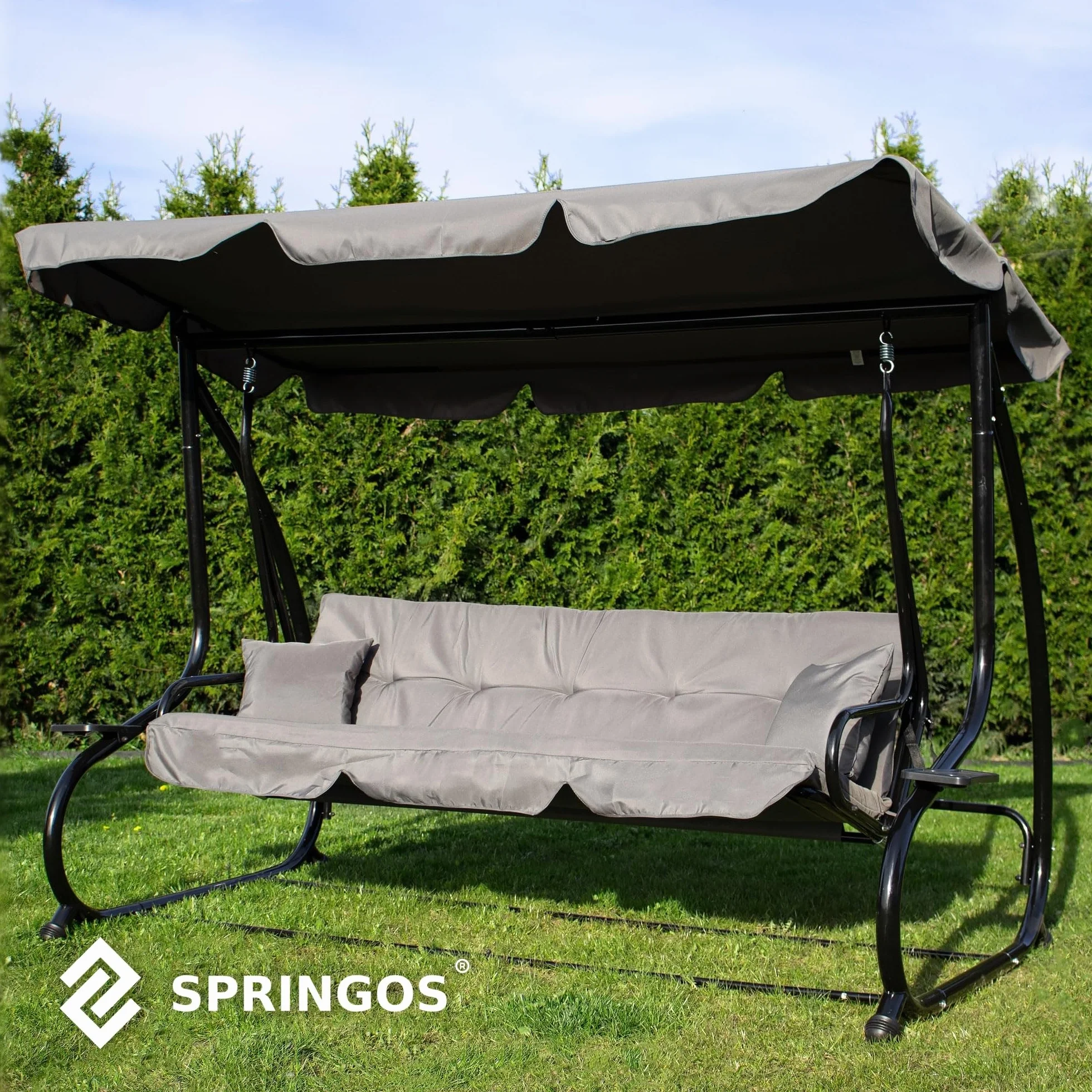 SPRINGOS Balancelle de Jardin 4 Places 220 x 162 cm avec 2 Coussins Porte-Gobelet Toit Réglable Balançoire Jardin Acier Gris