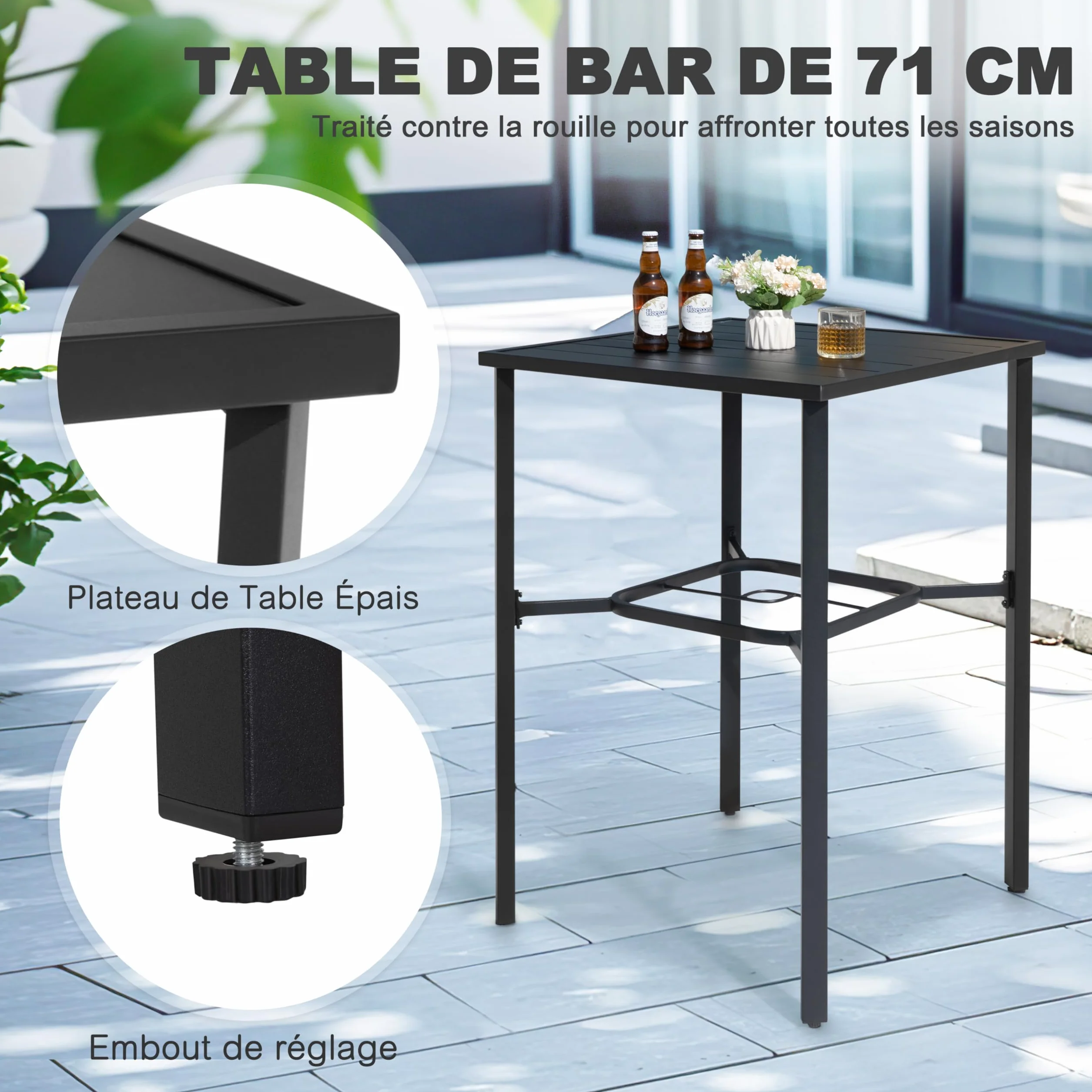 Avestar Table Haute d'extérieur Carrée 71 cm avec Trou à Parasol 4,3 cm Plateau à Lattes Structure métallique Revêtement poudré Noir