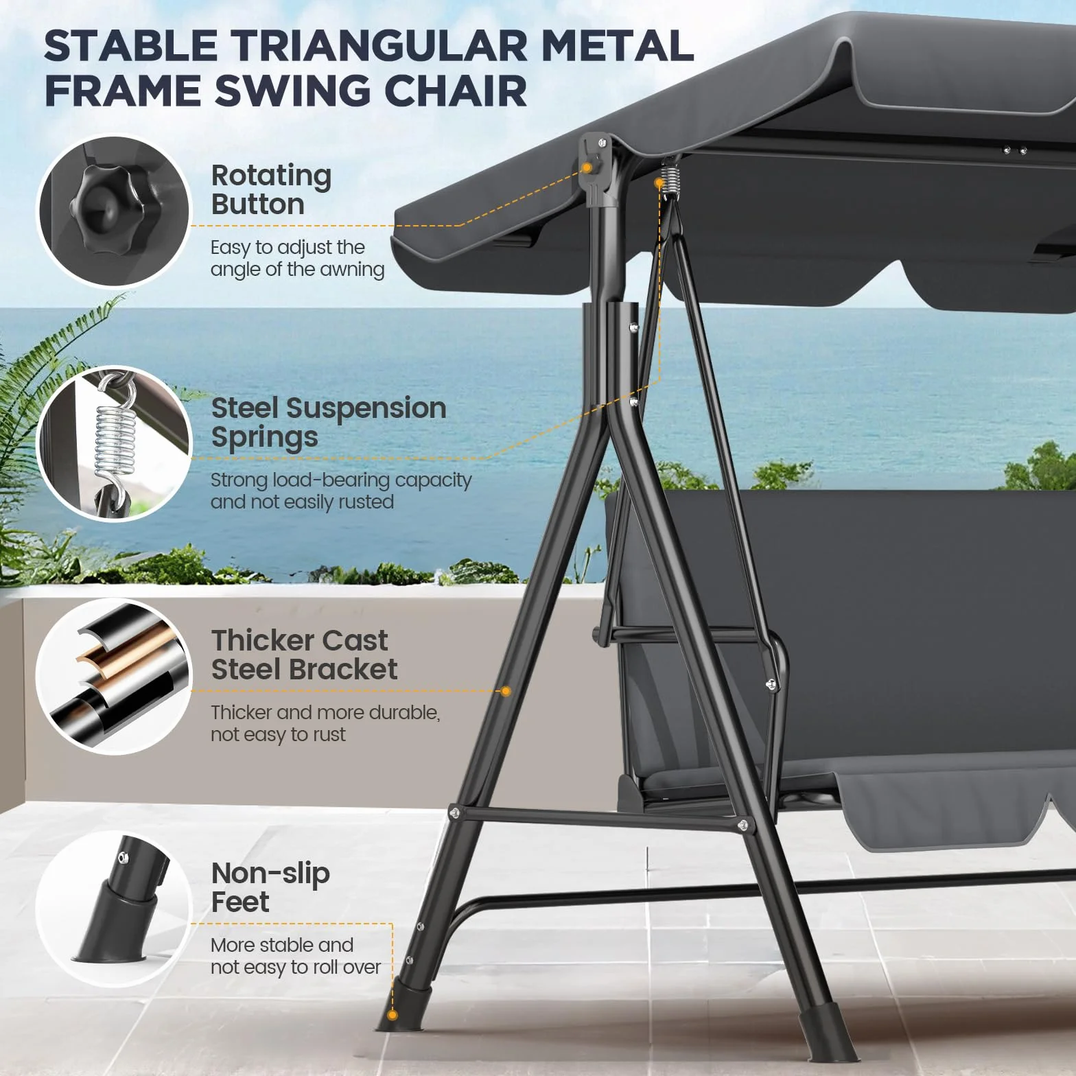 Balancelle 3 Places Toit réglable Jardin Pieds antidérapants Charge 200 kg résistante intempéries Anthracite