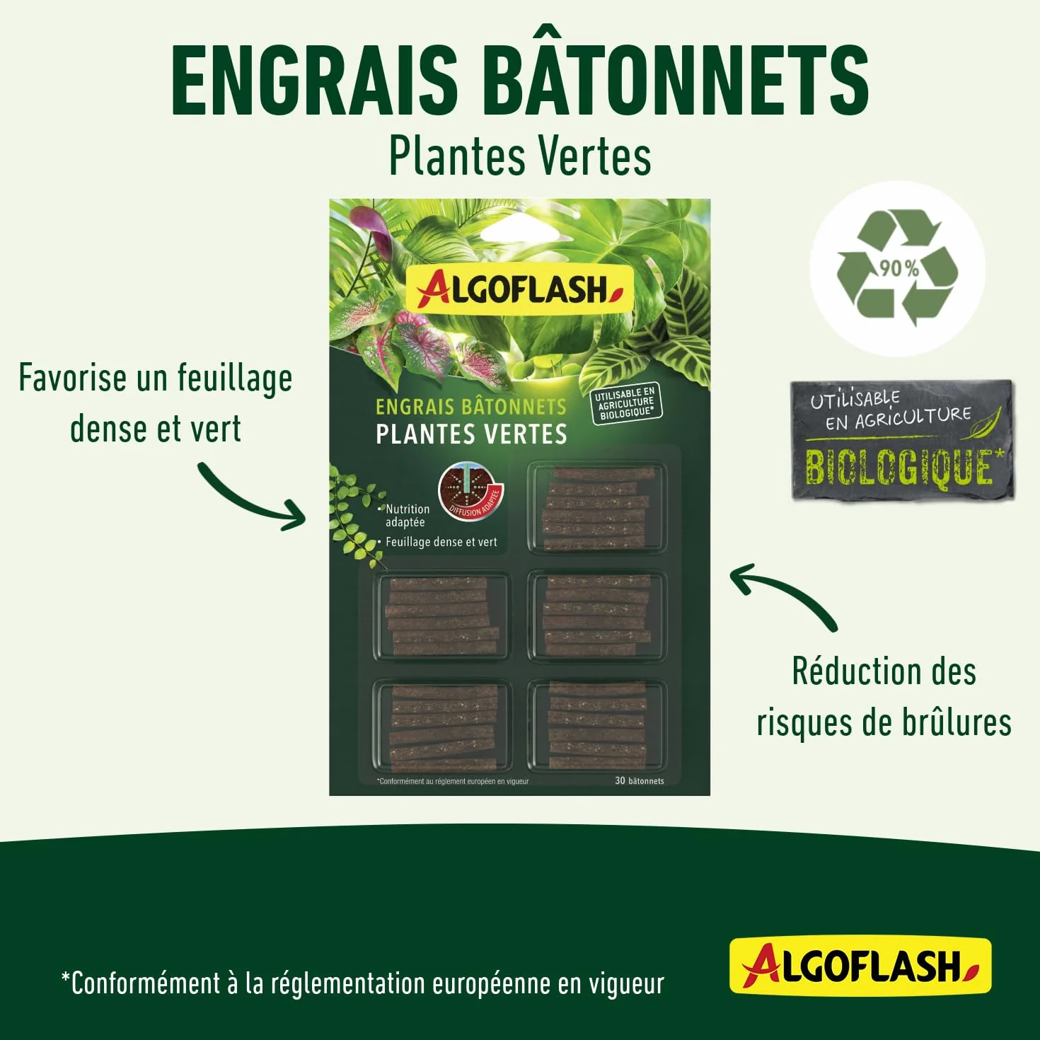 Algoflash Bâtonnets Engrais Plantes Vertes Agriculture Biologique 30 Bâtonnets
