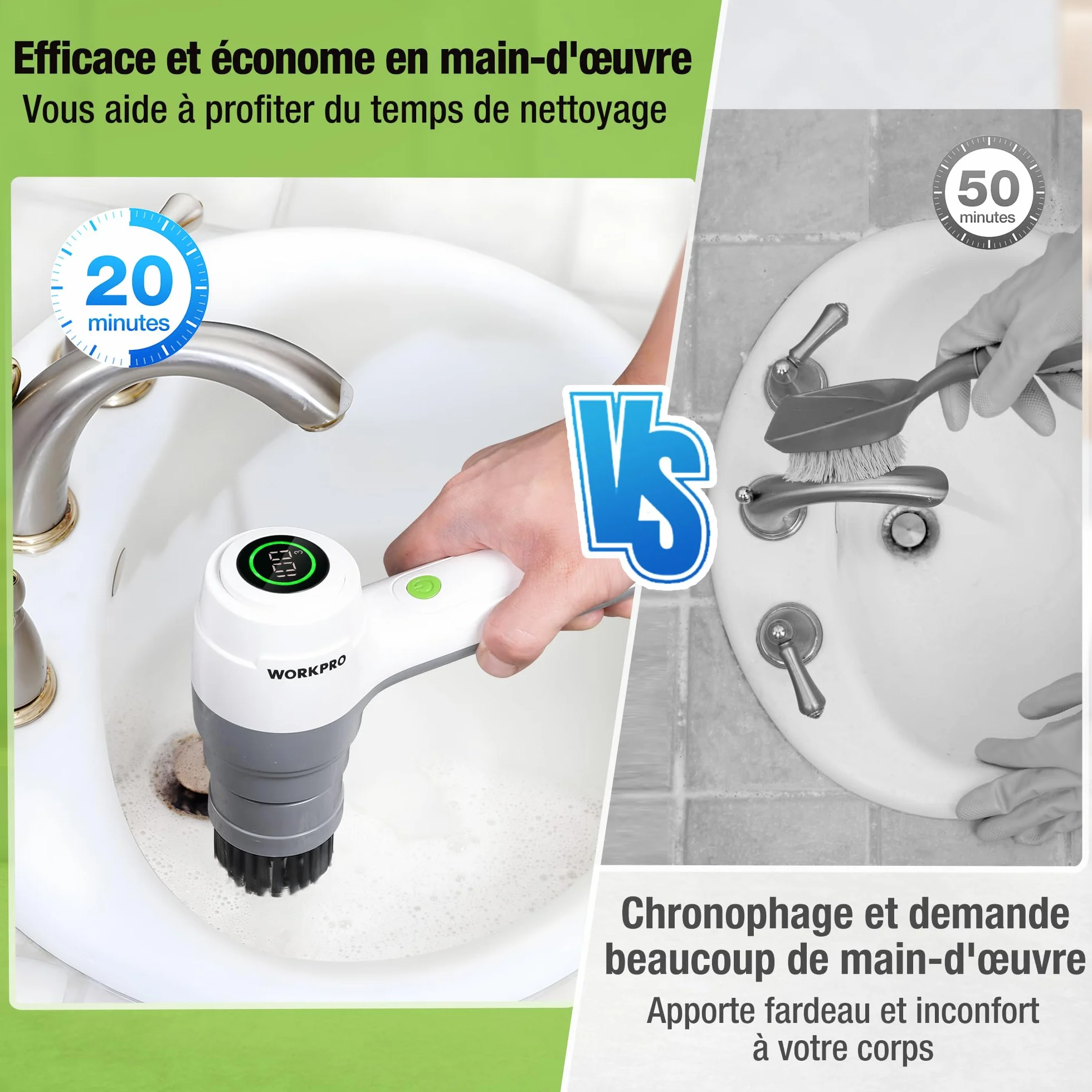 WORKPRO Brosse de Nettoyage Rotative avec 6 Brosses, Brosse sans Fil 8V, 3 Vitesses Réglables (200/350 / 500 TR/Min), IPX6, Électrique Rechargeable pour Salle de Bain, Cuisine et Fenêtres