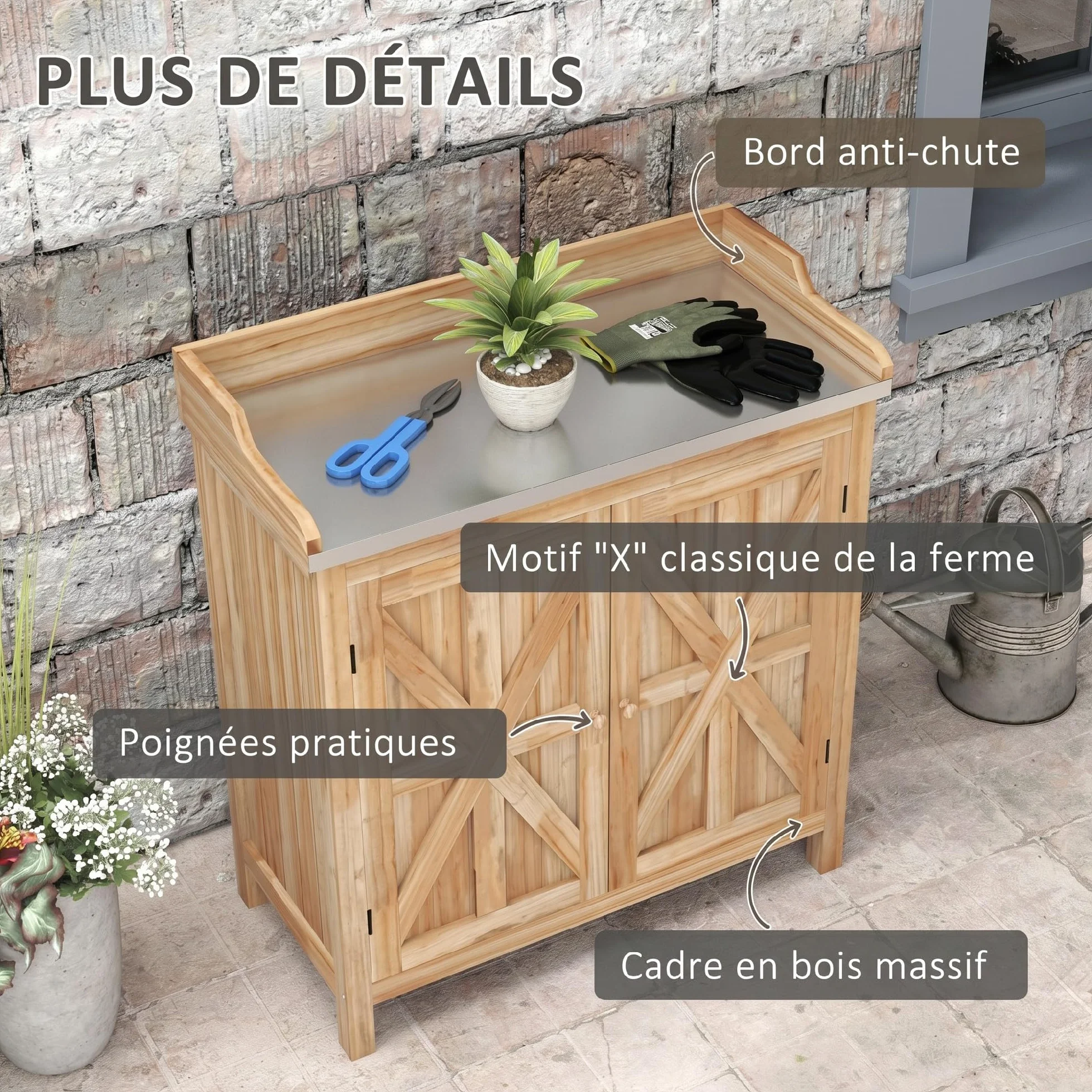 Outsunny Table de rempotage Plateau galvanisé Armoire Rangement Jardin Bois Sapin 2 étagères Patins antidérapants