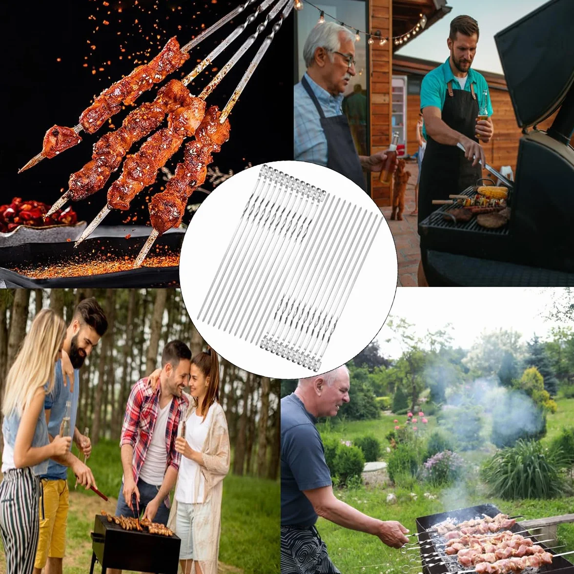 Brochettes de Barbecue en Métal 30cm Inox Plat Réutilisables 24 Pièces