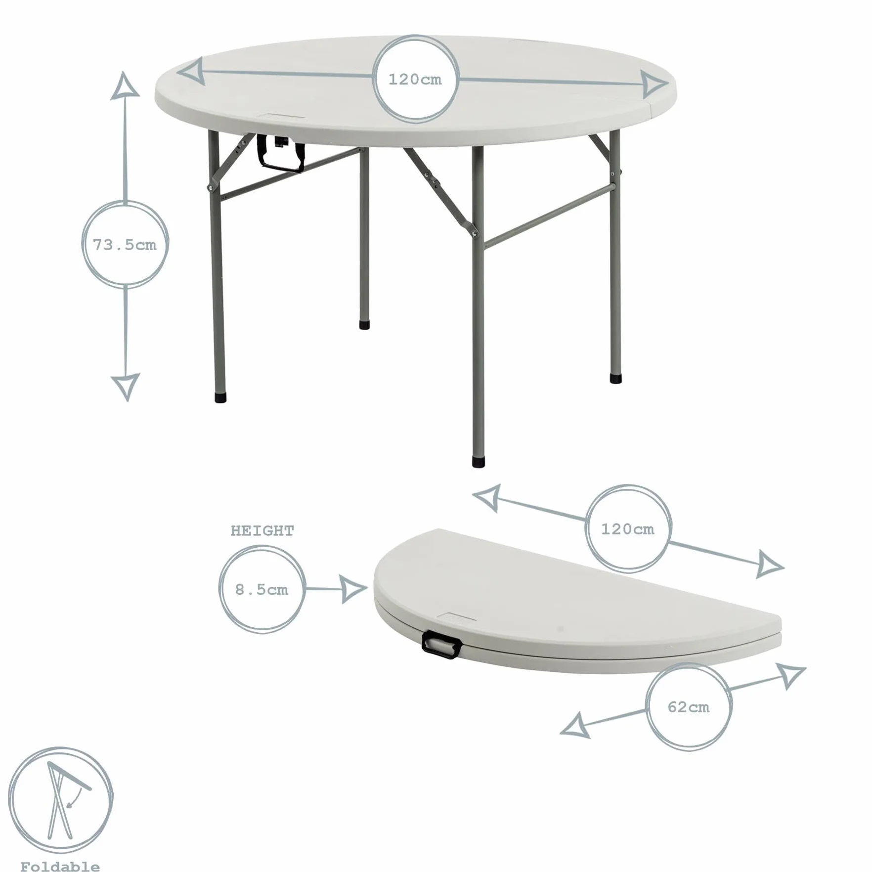 Harbour Housewares Ronde Pliante Table tréteau 120cm Blanc Heavy Duty Plein air Mobilier