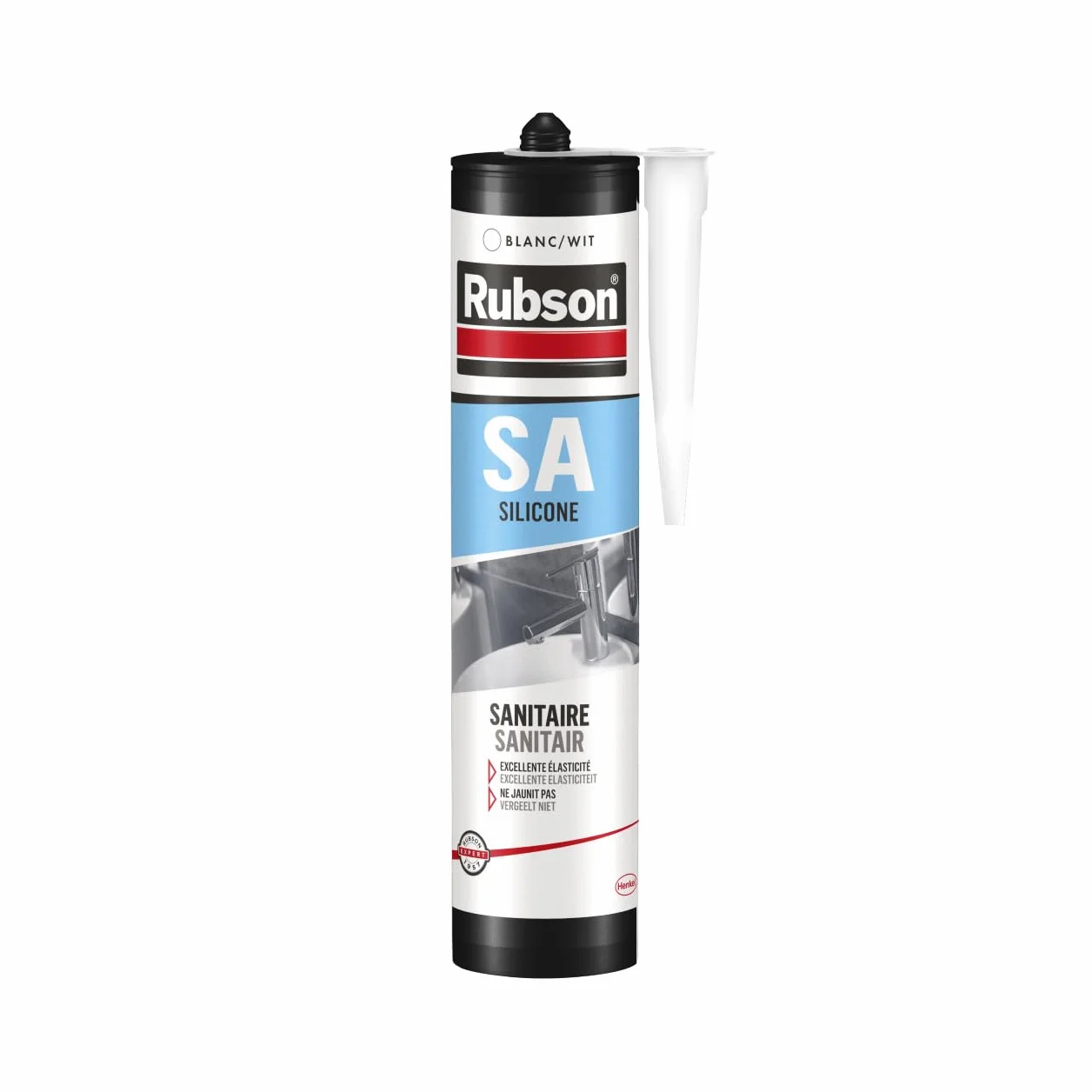 Rubson SA Mastic Sanitaire Blanc, Mastic silicone acétique contenant des antifongiques puissants, Joint sanitaire étanche pour tous matériaux émaillés, 300 ml