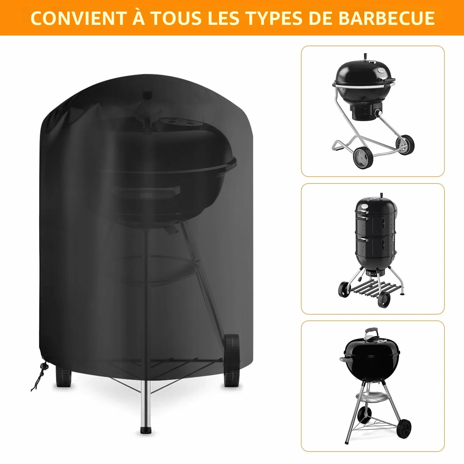 Housse Barbecue Exterieur Rond 210D Oxford Anti-UV Anti-l'eau Ø61x72cm Noir